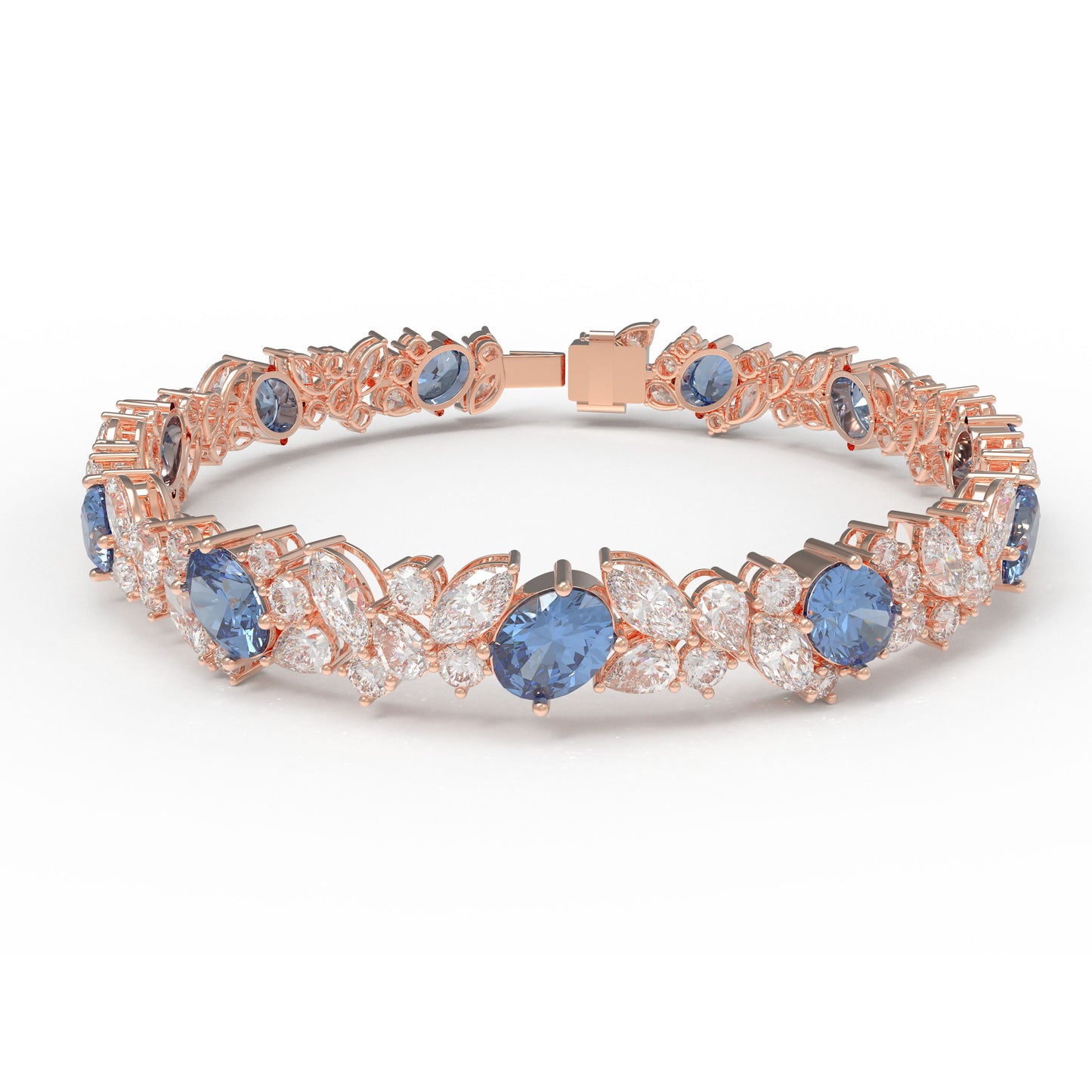 925 Sterling Silver 14K Rose Gold Plated Marquise Bracelet – 11 Lab-Created Marquise Sapphires & 33 Pear Moissanite, 10ct/12ct/15ct Total Carat, Luxury Jewelry Gift for Wife, Mother, Sister