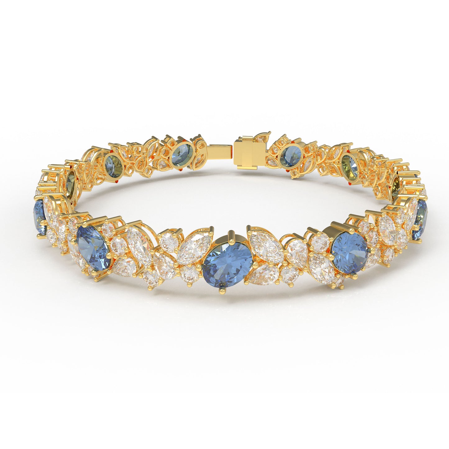 925 Sterling Silver 14K Gold Plated Marquise Bracelet – 11 Lab-Created Marquise Sapphires & 33 Pear Moissanite, 10ct/12ct/15ct Total Carat, Luxury Jewelry Gift for Wife, Mother, Sister