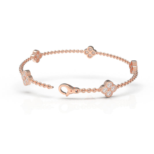 Sterling Silver 14K Rose Gold Plated Four Leaf Clover Lucky Bracelet with 1ct/2ct/3ct Moissanite, Gift for Women