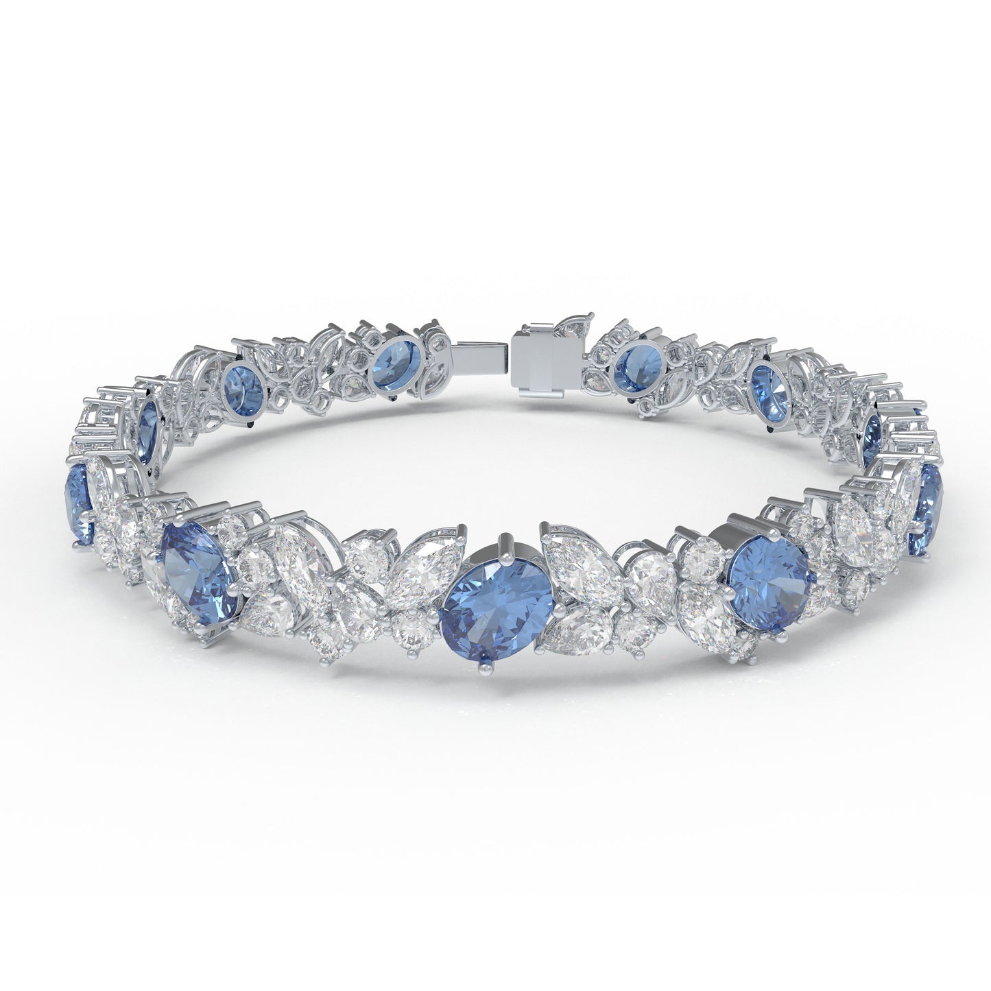 Handmade Gorgeous Lab - Grown Sapphire & Diamond Bracelet, 9K/14K/18K White Gold Optional, Total Weight 10CT/12CT/15CT