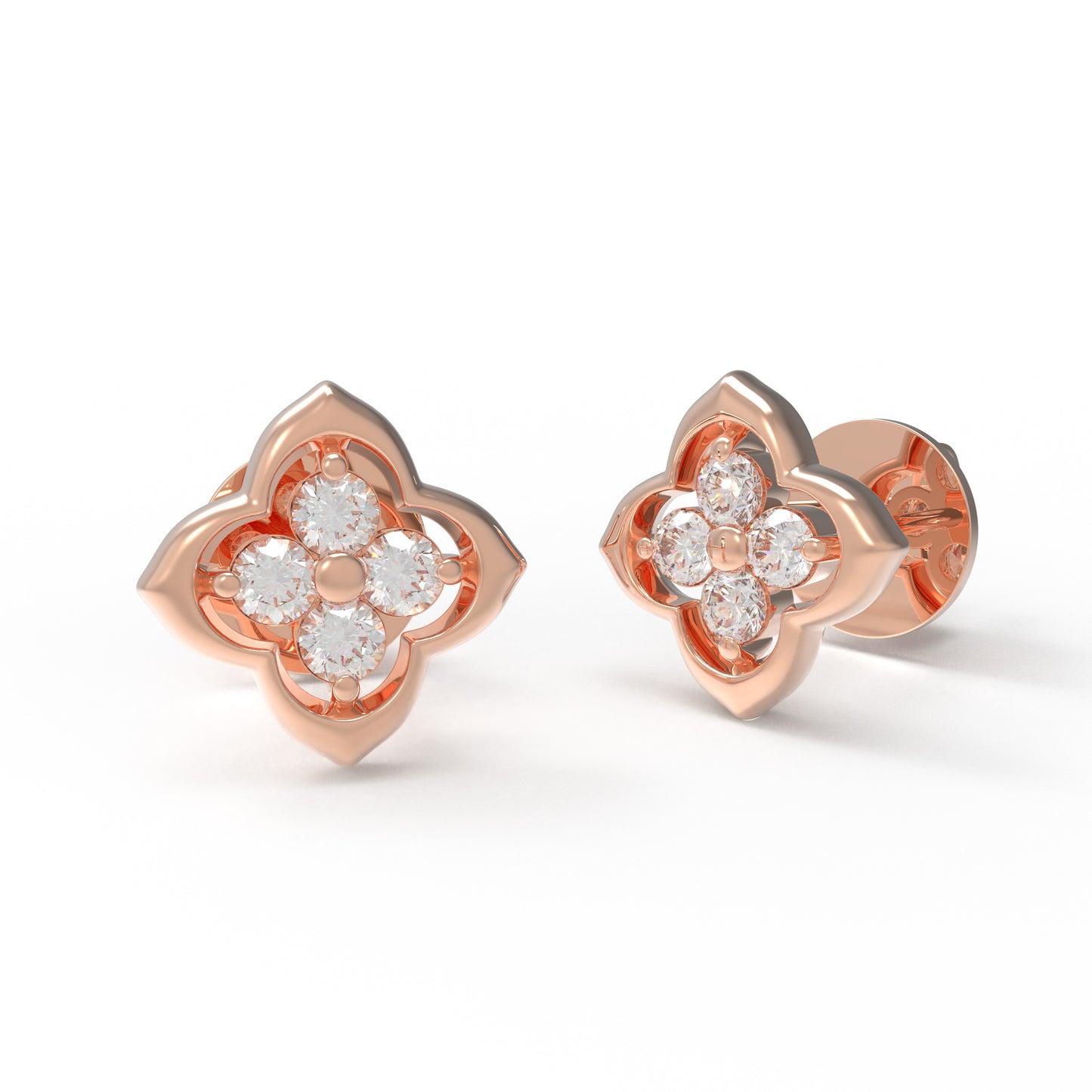 10K/14K Rose Gold Clover Lab-Grown Diamond Stud Earrings, 0.4 CTW, Song Dynasty Inspired