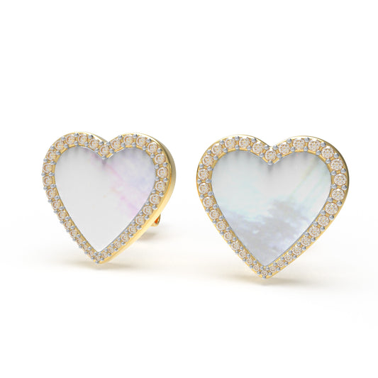 10K/14K Yellow Gold Heart Stud Earrings, 0.4ct Lab Grown Diamond & Mother of Pearl, Daily Jewelry for Women