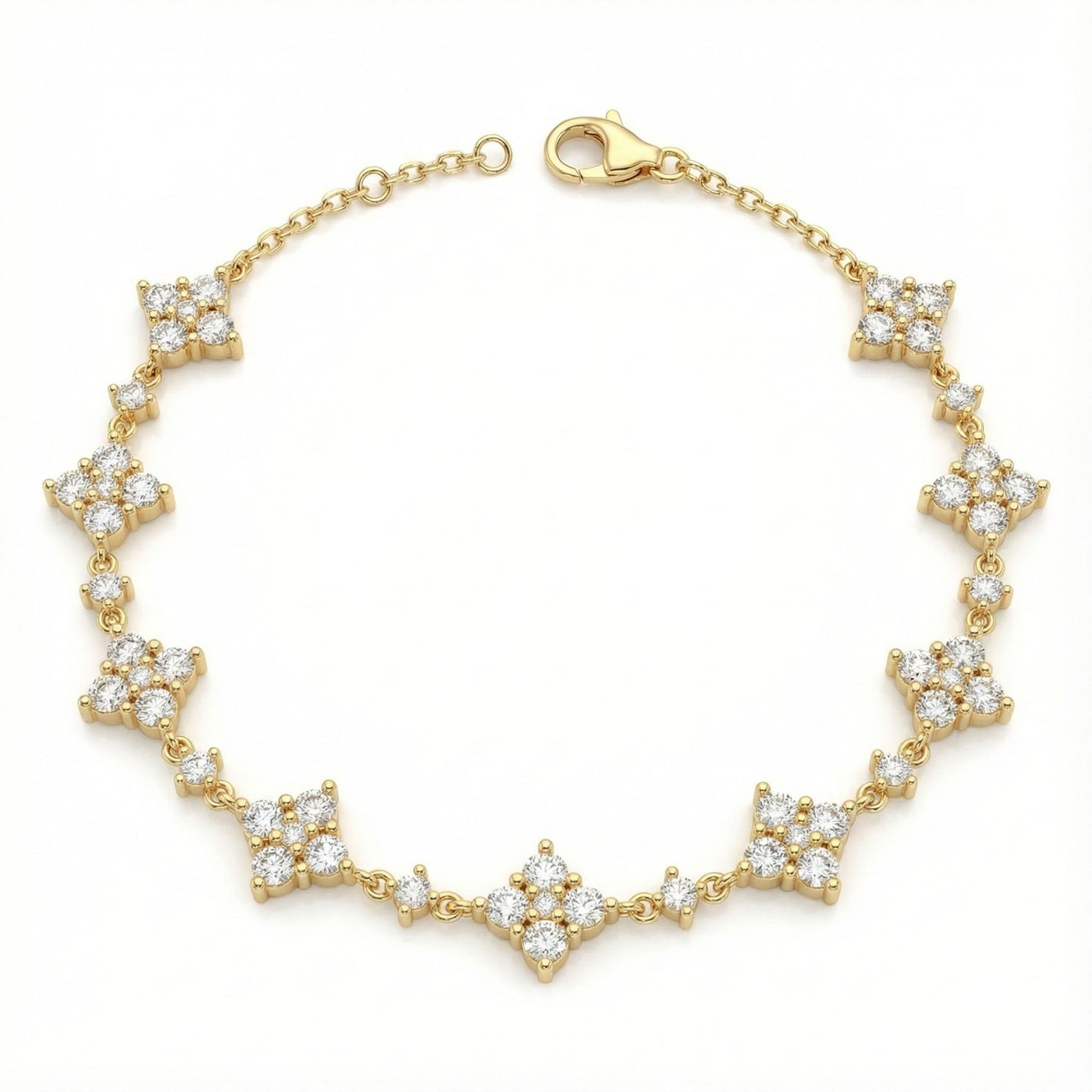 Ophelia Eternity Women's Yellow Gold Four Leaf Clover Bracelet | 2ct/3ct Lab Diamond | Adjustable Lucky Jewelry for Anniversary, Mother's Day Gift