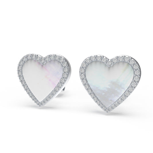 925 Sterling Silver Heart Stud Earrings, 0.4ct Lab Grown Moissanite & Mother of Pearl, Hypoallergenic Daily Wear Earrings for Women