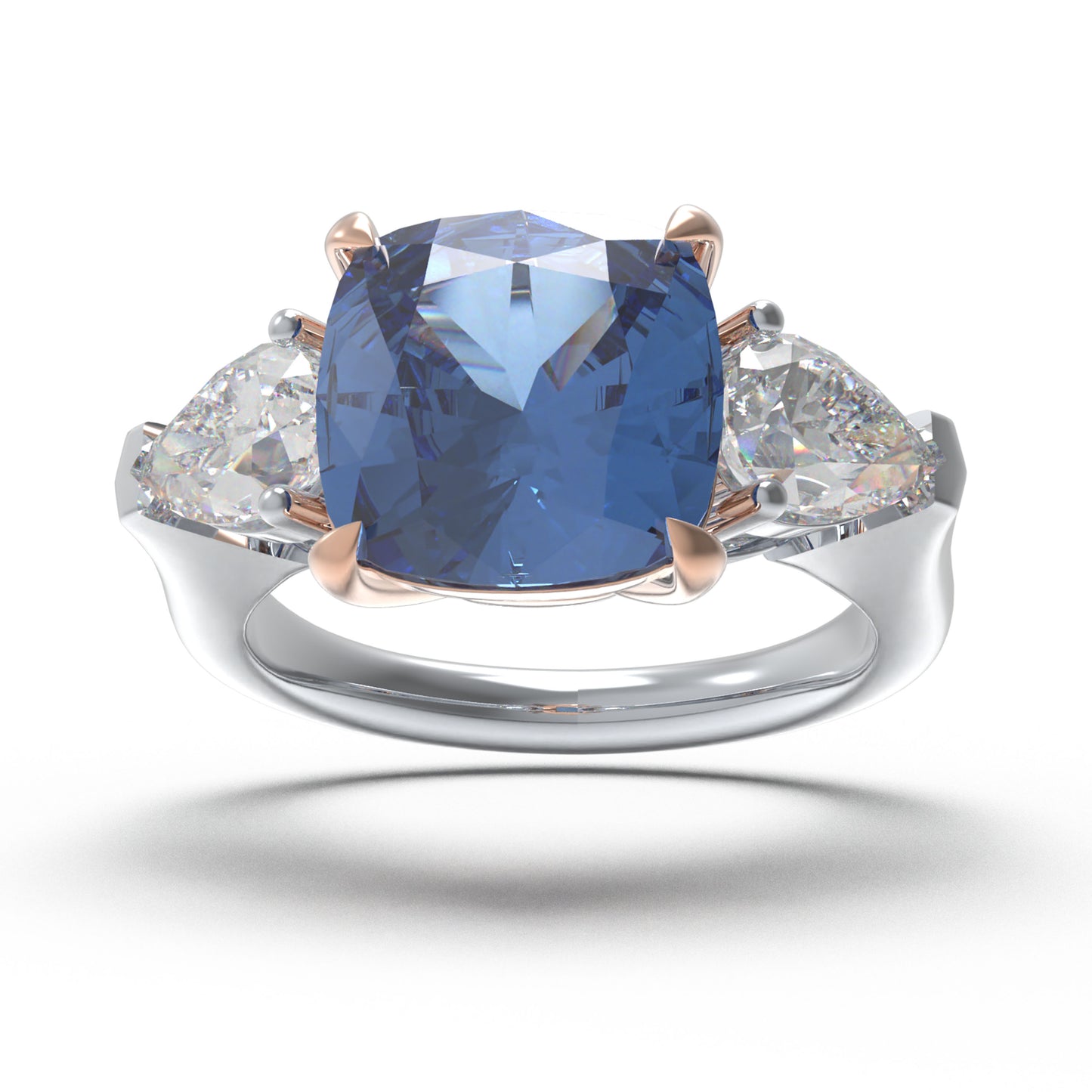 Handmade Three - Stone Ring with Lab - Grown Sapphire (2.8CT/4CT) & Lab - Grown Diamond Accents, 9K/14K/18K White Gold & Platinum Optional