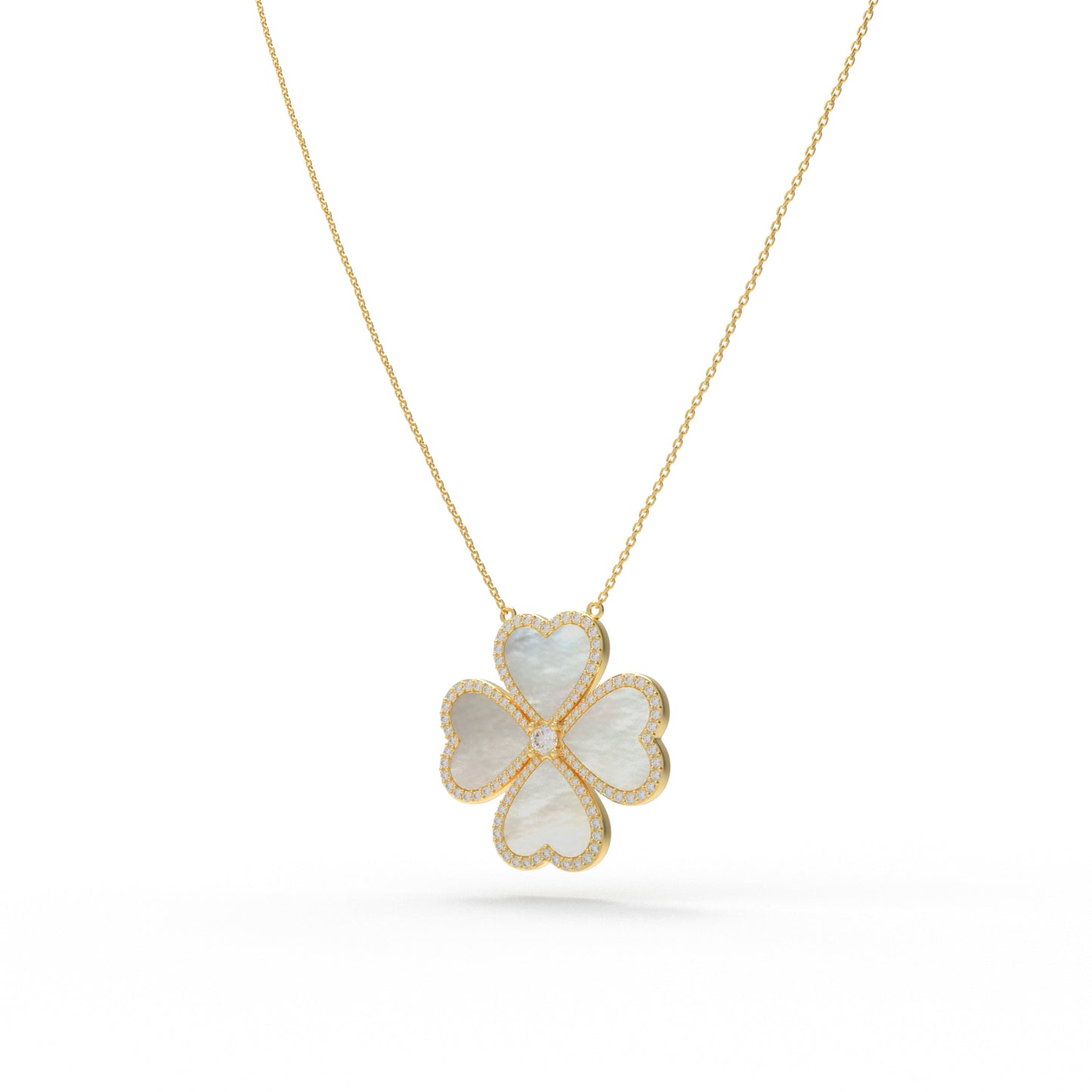 10K 14K Yellow Gold Heart Pendant Necklace, 0.5CT Lab Grown Diamond with 4 Natural Mother of Pearl Handmade Fine Jewelry 中文