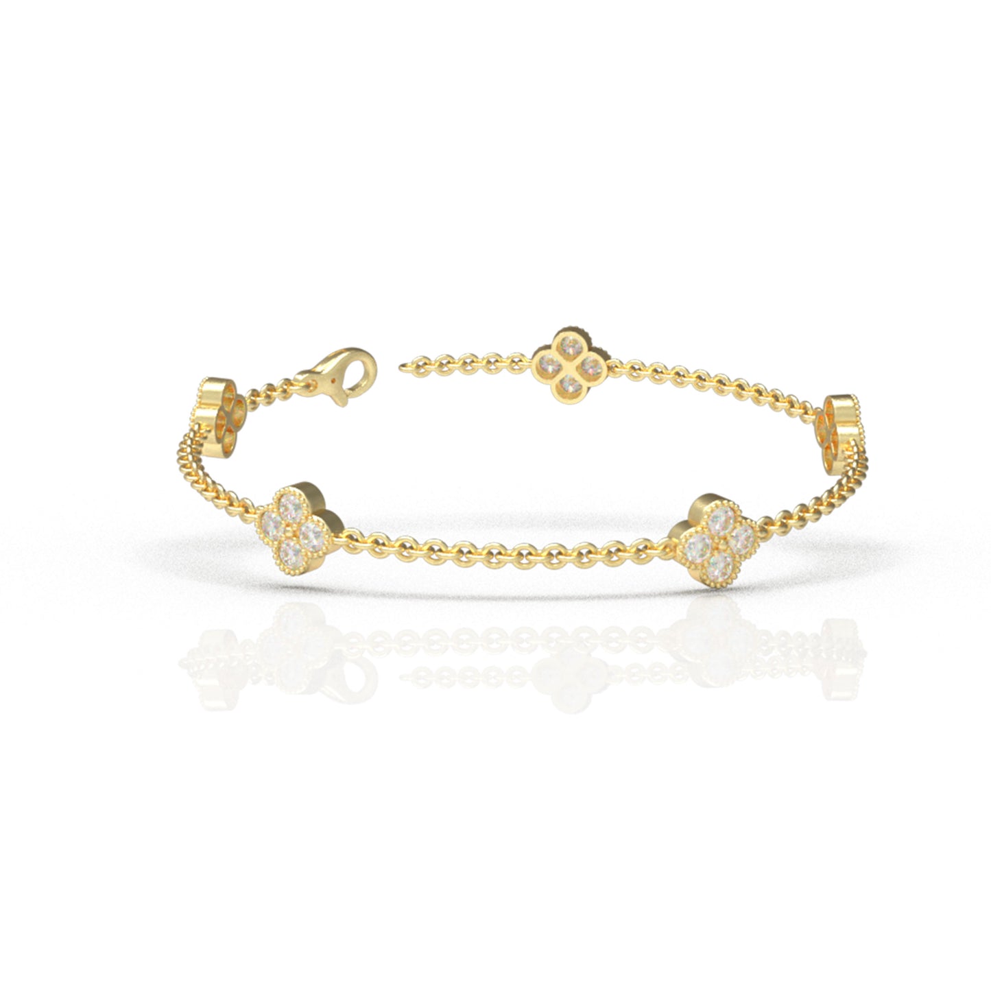 Sterling Silver 14K Gold Plated Four Leaf Clover Lucky Bracelet with 1ct/2ct/3ct Moissanite Stones, Gift for Her