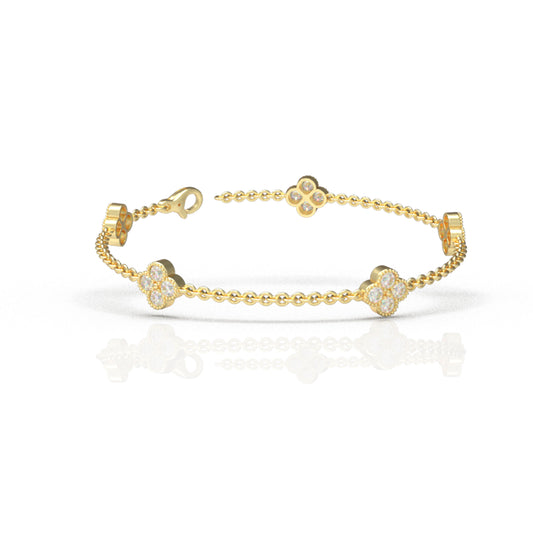Handmade Four - Leaf Clover Bracelet with Lab - Grown Diamonds (VVS1 - VVS2 Clarity) in 9K/14K/18K Yellow Gold