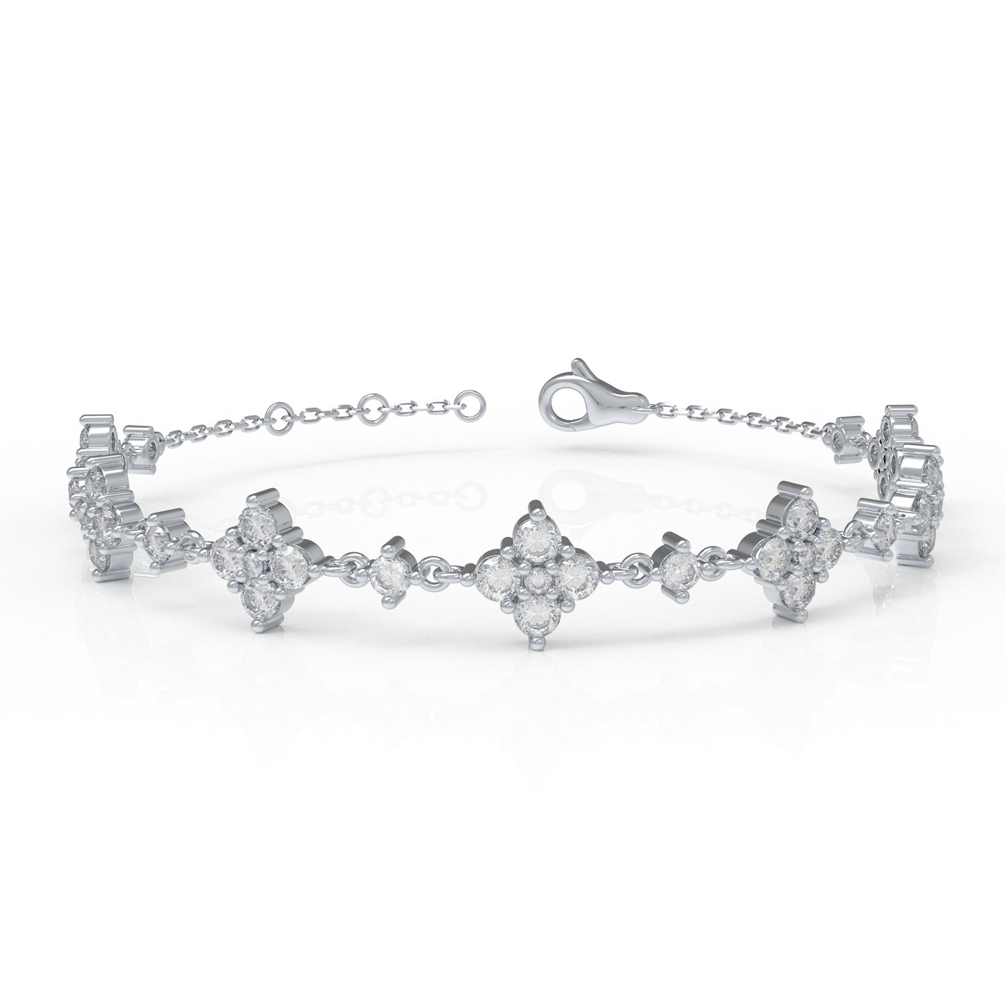 Ophelia Eternity Women's White Gold or 950 Platinum Four Leaf Clover Bracelet | 2ct/3ct Lab Diamond | Adjustable Lucky Jewelry for Anniversary, Mother's Day Gift