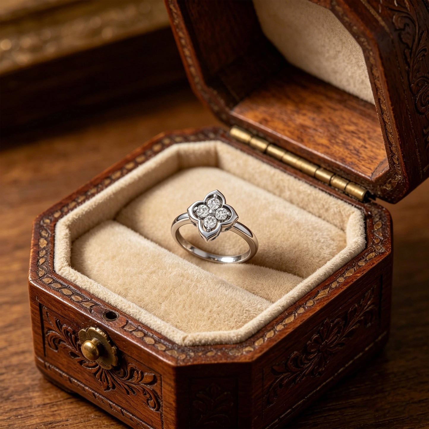 10K/14K White Gold or Platinum Clover Lab-Grown Diamond Ring, 0.2 CTW, Song Dynasty Inspired