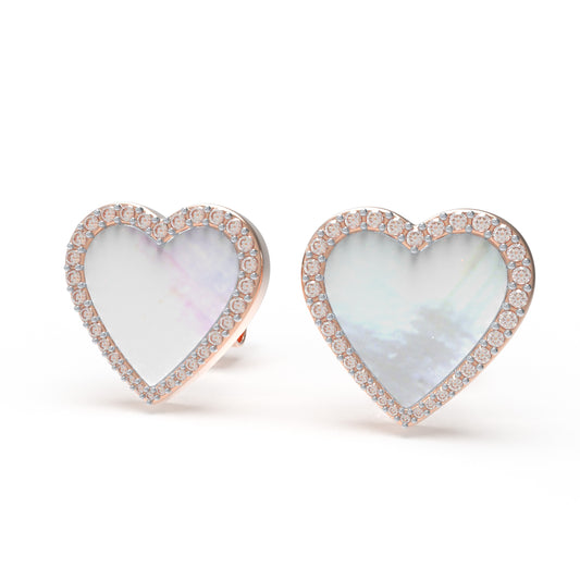 Heart Stud Earrings, 10K/14K Rose Gold, 0.4ct Lab Grown Diamond Halo & Mother of Pearl, Daily Wear Earrings for Women