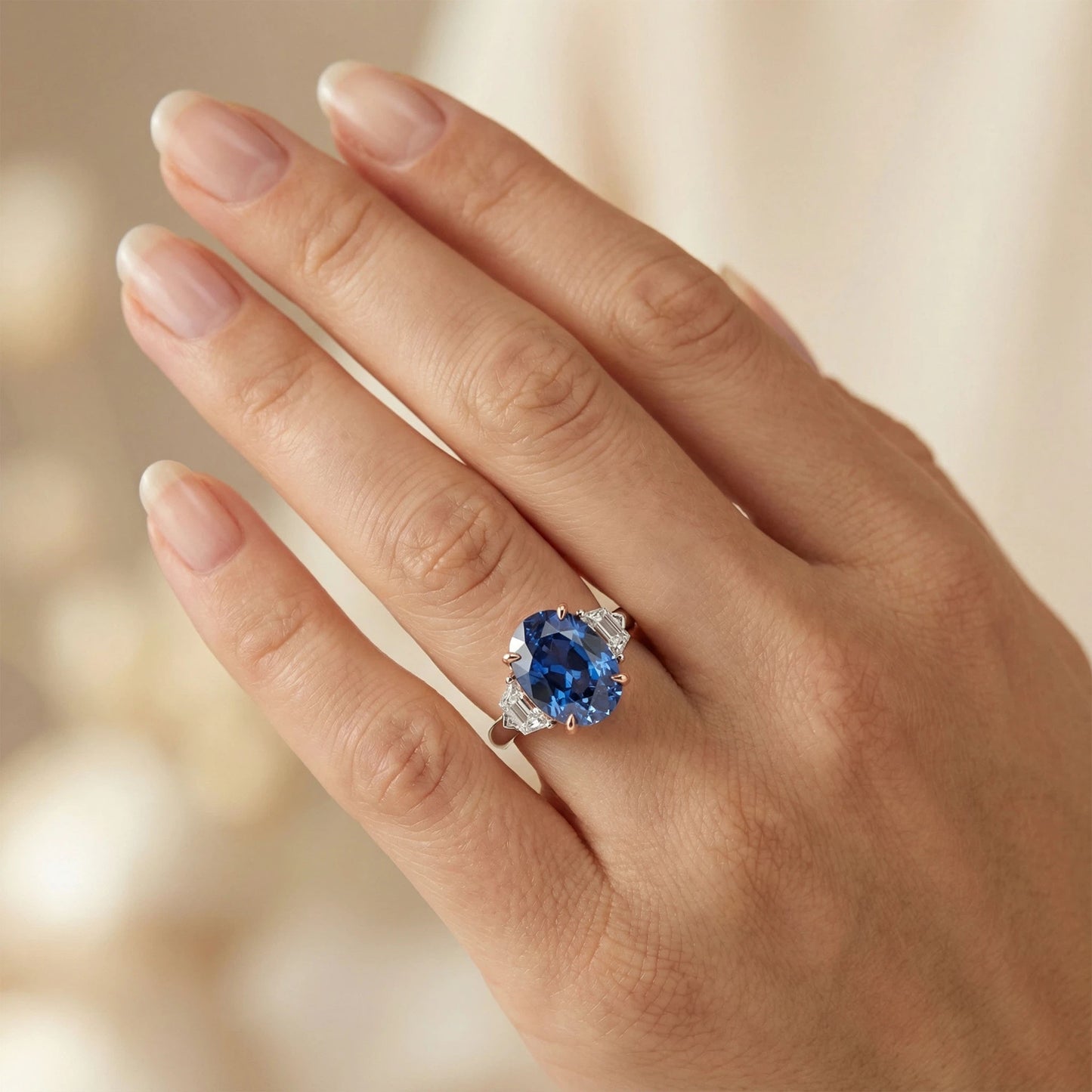 Handmade 3 - Diamond Ring with 2.8CT/4CT Lab - Grown Blue Main Diamond, 9K/14K/18K White Gold, Ideal for Proposal, Wedding, Anniversary