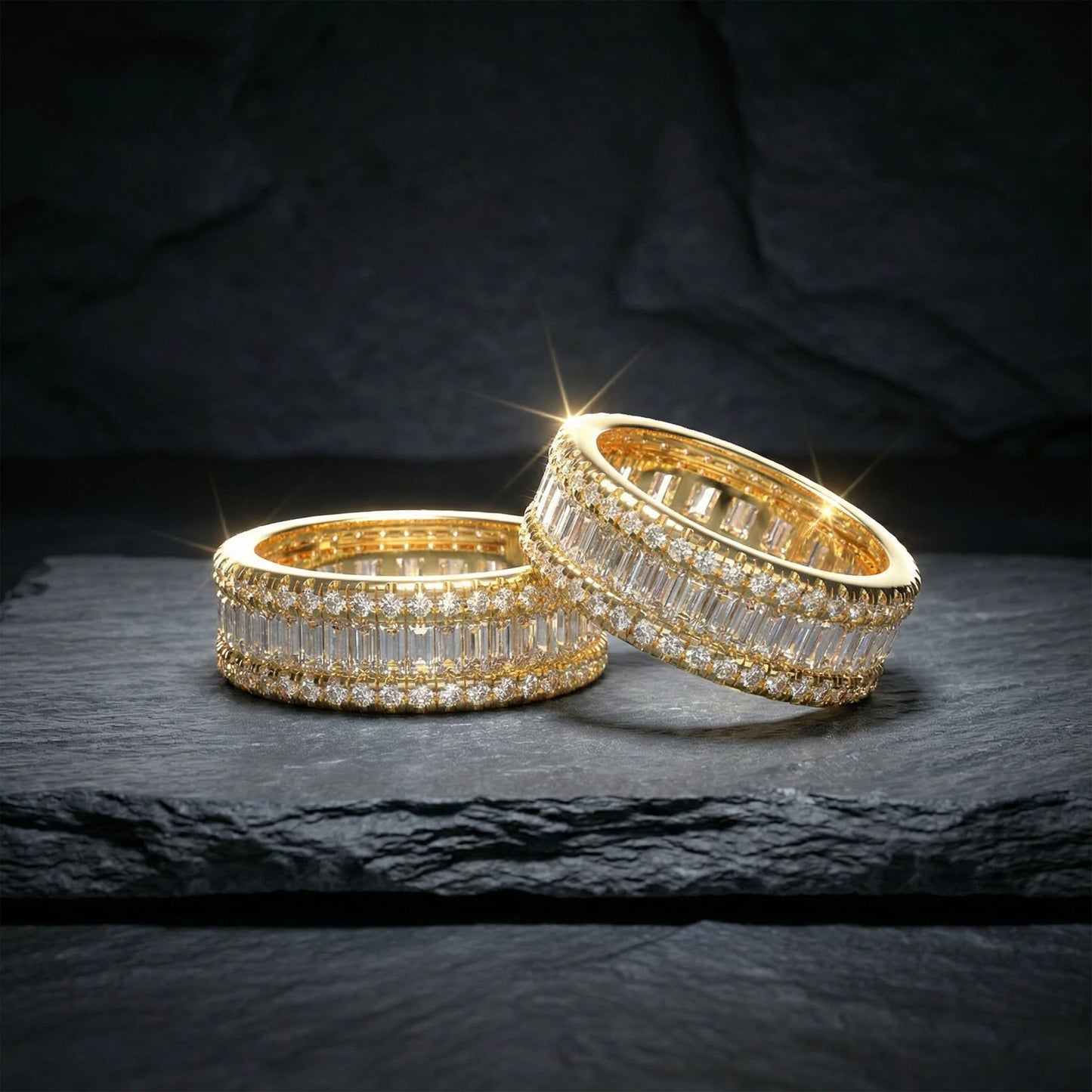 14K Gold Plated Eternity Ring – 96 Round & 45 Baguette Moissanite – Engagement Wedding Band