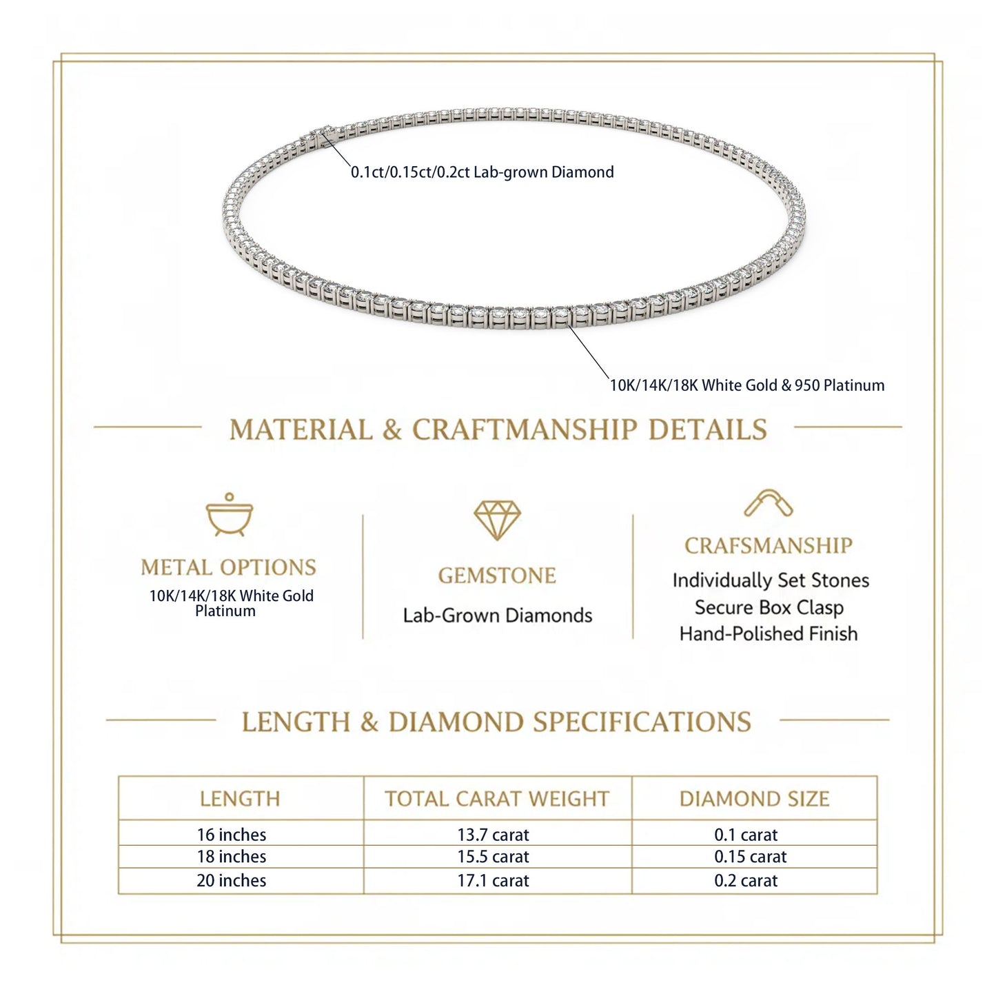 Classic Lab-Grown Diamond Tennis Necklace - Customize in 14K Gold or Platinum | Total Diamond Weight: 13.7-24ct