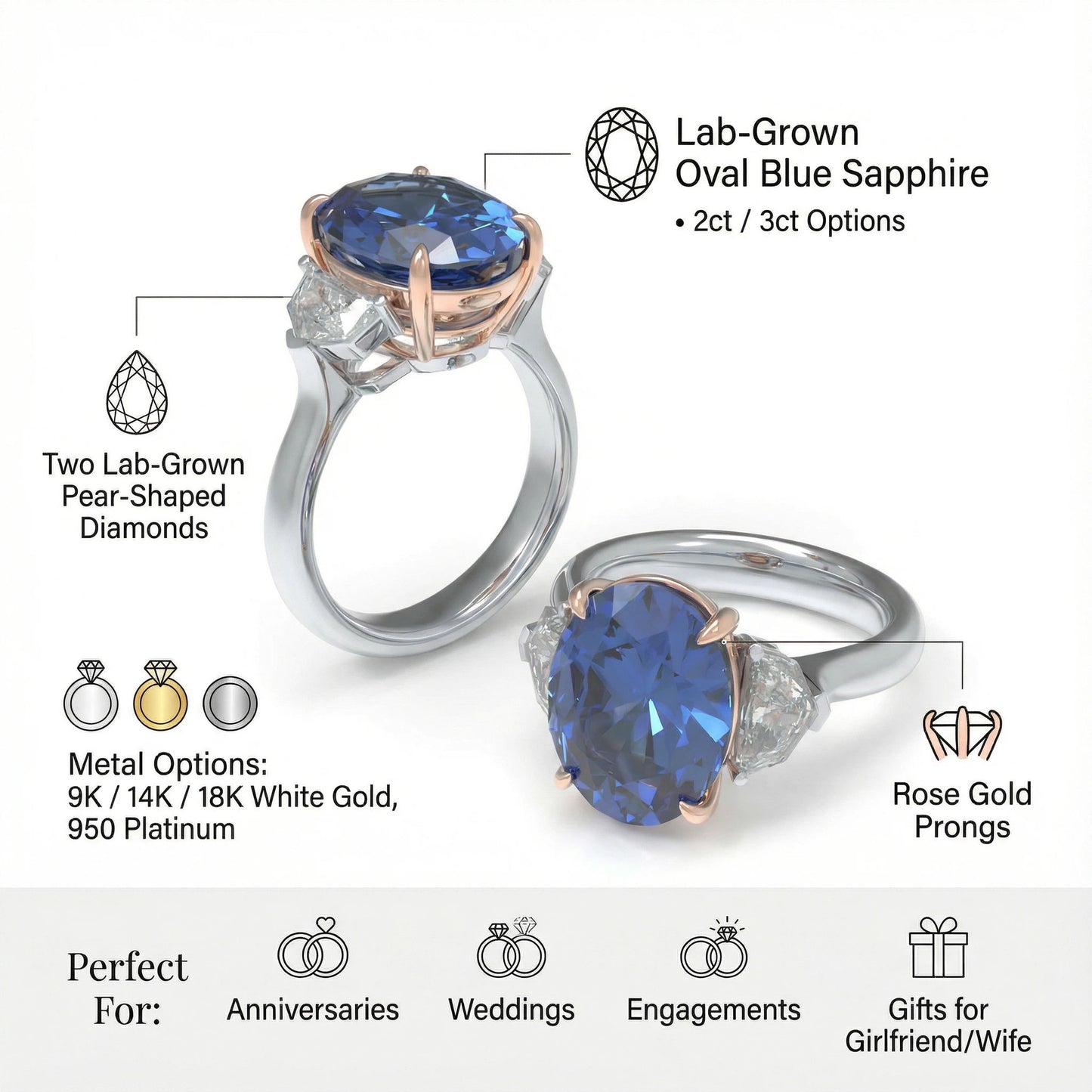Handmade 3 - Diamond Ring with 2.8CT/4CT Lab - Grown Blue Main Diamond, 9K/14K/18K White Gold, Ideal for Proposal, Wedding, Anniversary
