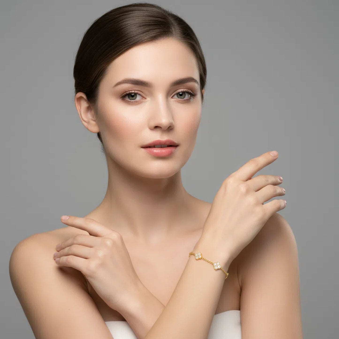 Sterling Silver 14K Gold Plated Four Leaf Clover Lucky Bracelet with 1ct/2ct/3ct Moissanite Stones, Gift for Her