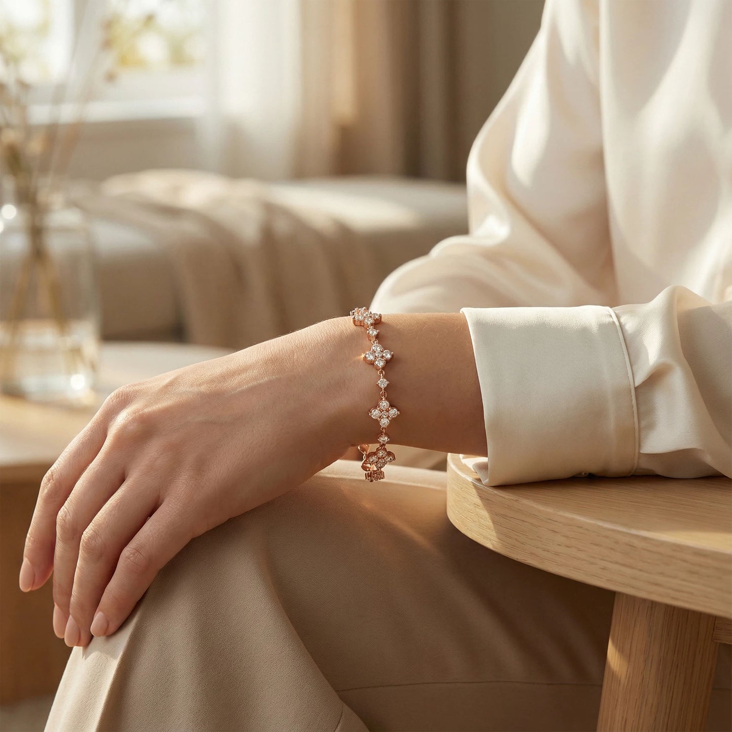 Ophelia Eternity Women's Rose Gold Four Leaf Clover Bracelet | 2ct/3ct Lab Diamond | Adjustable Lucky Jewelry for Anniversary, Mother's Day Gift