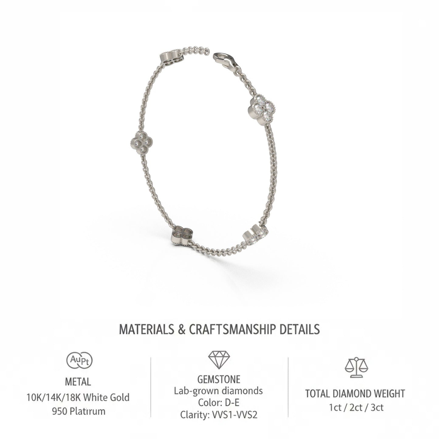 Handmade Four - Leaf Clover Bracelet with Lab - Grown Diamonds (VVS1 - VVS2 Clarity) in 9K/14K/18K White Gold