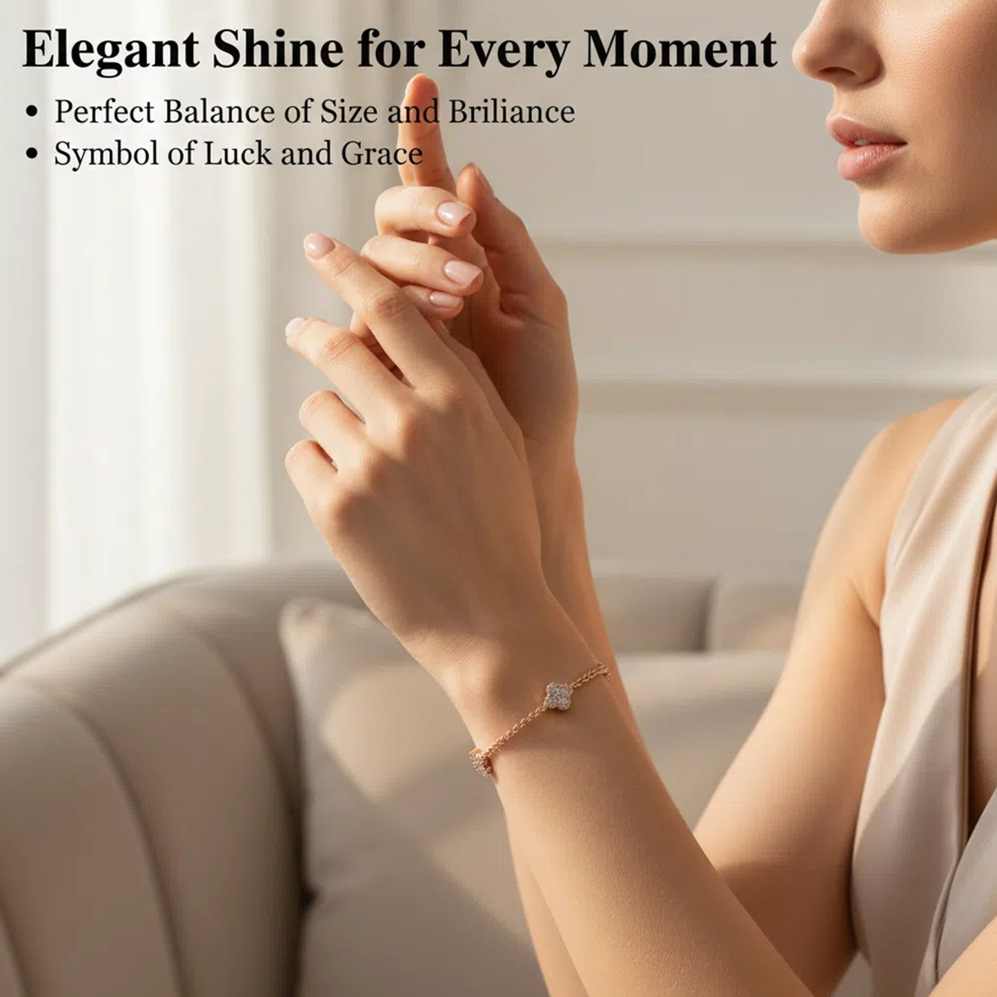 Sterling Silver 14K Rose Gold Plated Four Leaf Clover Lucky Bracelet with 1ct/2ct/3ct Moissanite, Gift for Women