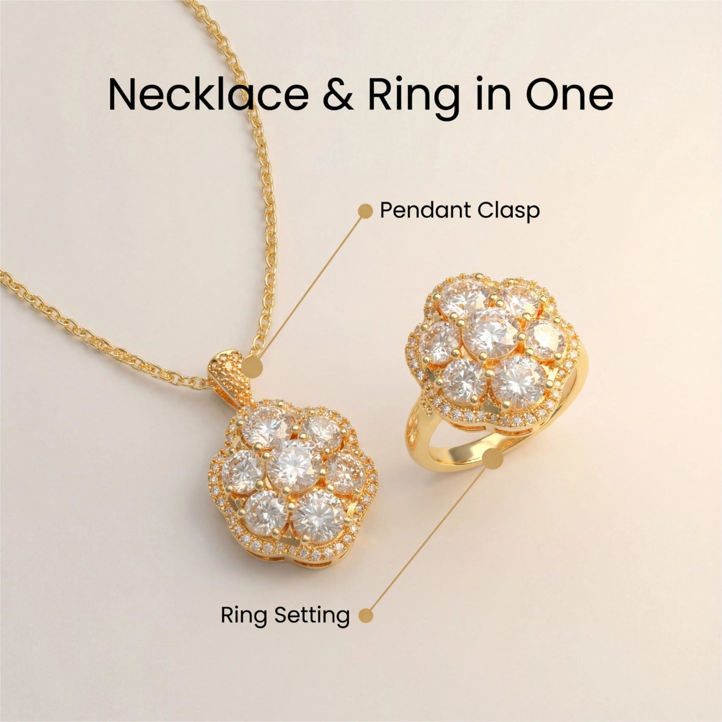 2-in-1 Convertible Lab Grown Diamond Jewelry Set: Pendant Necklace & Ring (10K/14K Yellow Gold, VVS1-VVS2 D-E Color, Handcrafted Luxury)