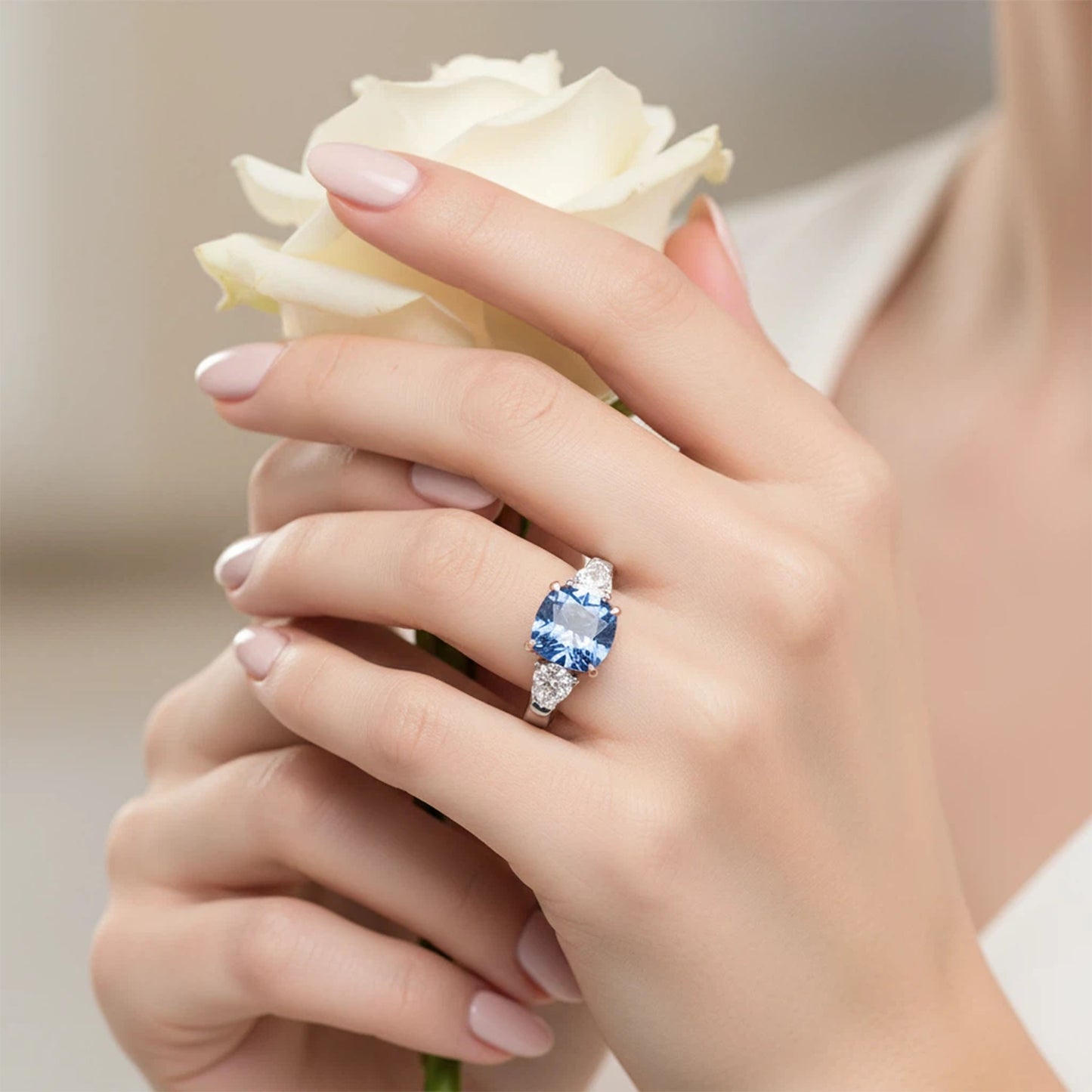 Handmade Three - Stone Ring with Lab - Grown Sapphire (2.8CT/4CT) & Lab - Grown Diamond Accents, 9K/14K/18K White Gold & Platinum Optional