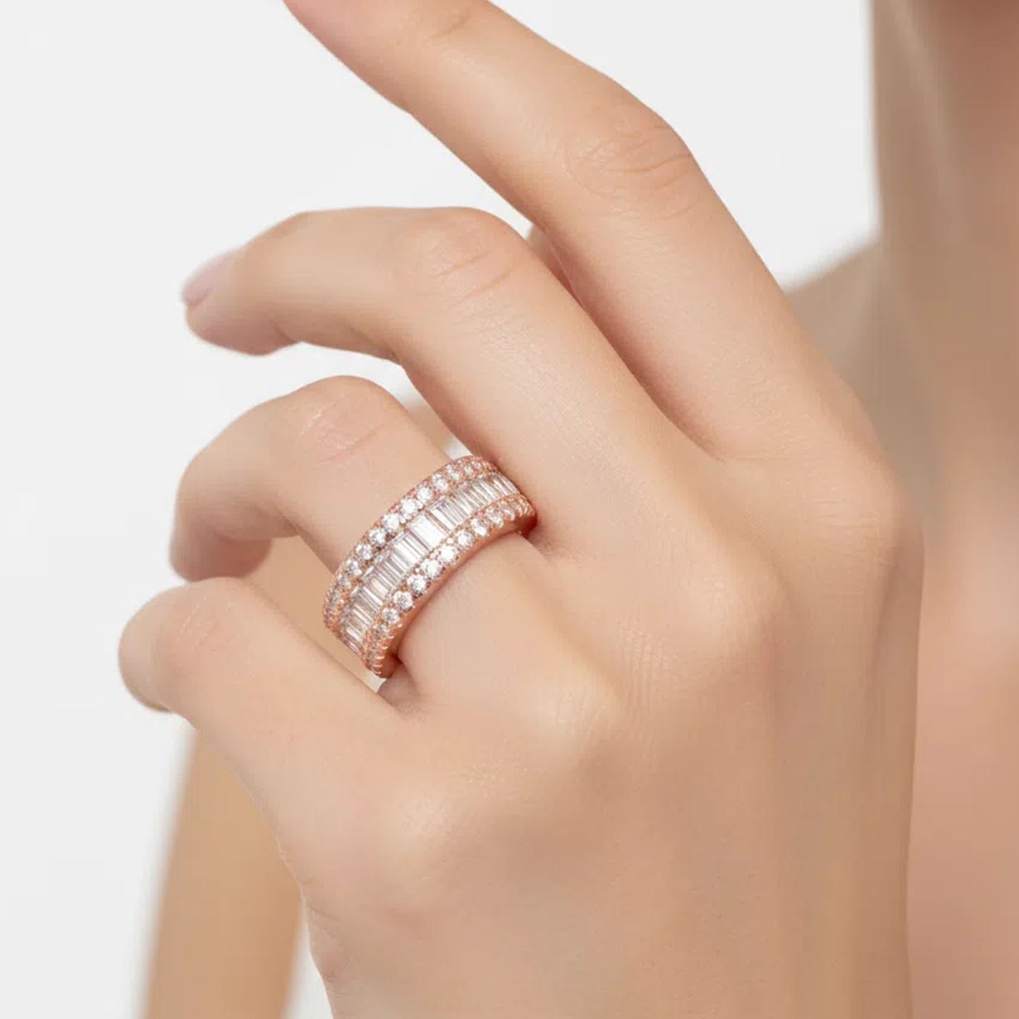 14K Rose Gold Plated Eternity Ring – 96 Round & 45 Baguette Moissanite – Engagement Wedding Band