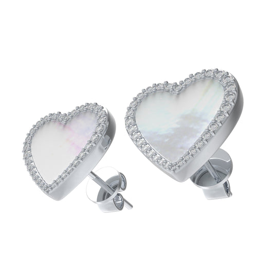 Heart Stud Earrings, 10K/14K White Gold & Platinum Options, Halo Lab Grown Diamond 0.4ct & Mother of Pearl, Hypoallergenic Daily Wear Jewelry Gift for Women