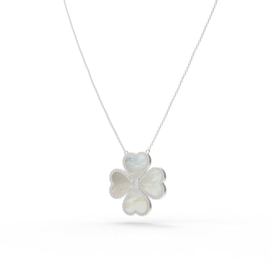 10K/14K White Gold Heart Clover Pendant Necklace, 0.5CT Lab Grown Diamond with Natural Mother of Pearl Handmade Jewelry Gift