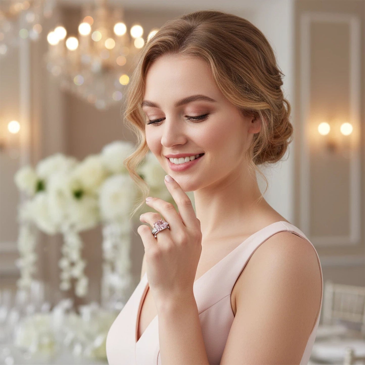 2ct Lab-Grown Pink Cushion Cut Diamond Engagement Ring, 0.8ct Labgrown Pear diamond Side Stones (0.4ct/ea VVS1-VVS2, D-E color) , 10K/14K/18K White Gold or Platinum with Rose Gold Prongs, Wedding & Anniversary Ring