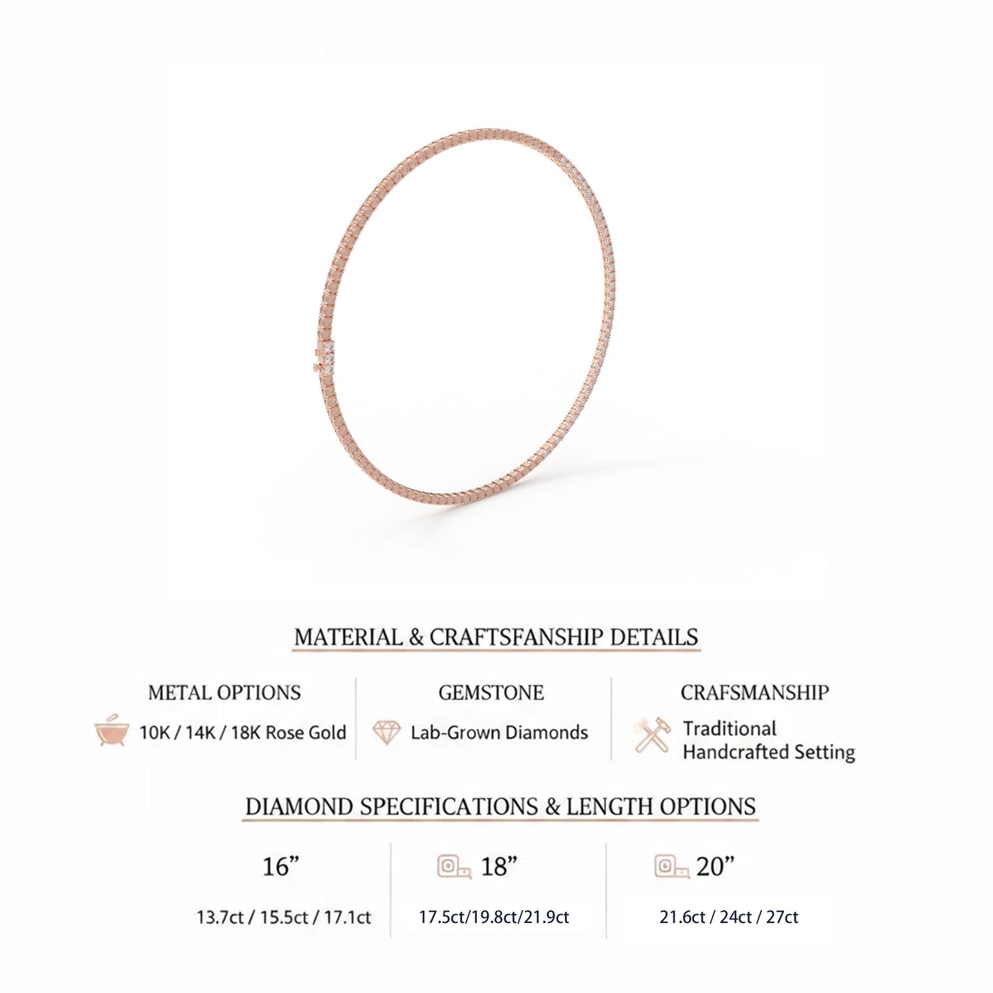 Classic Lab-Grown Diamond Tennis Necklace - Customize in 14K Gold or Platinum | Total Diamond Weight: 13.7-24ct