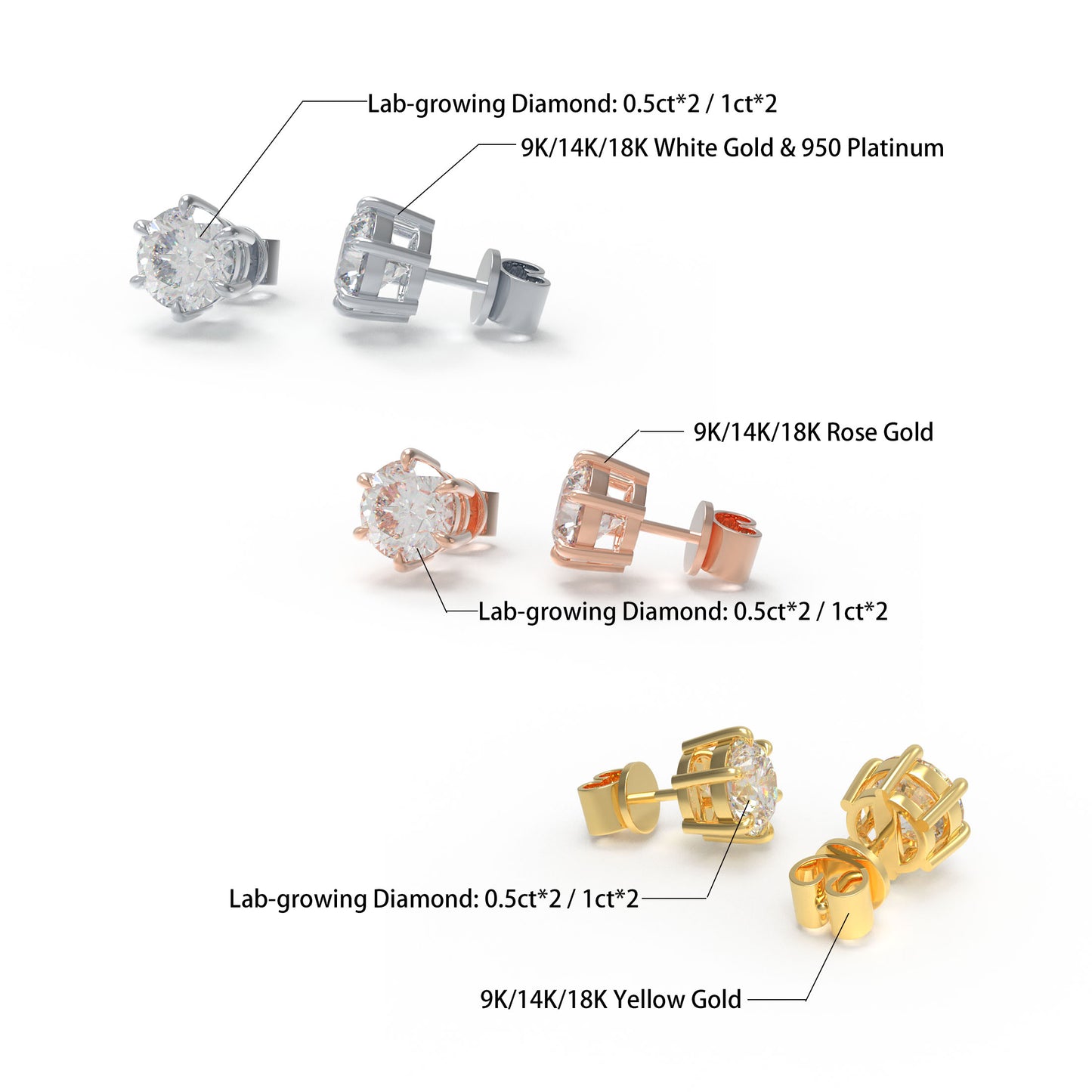 Lab - Grown Diamond Stud Earrings, 0.5CT/1CT Each, 9K/14K/18K Gold (White/Rose/Yellow) & Platinum, Ideal for Daily Wear, Gifting on Anniversaries, Holidays, etc.