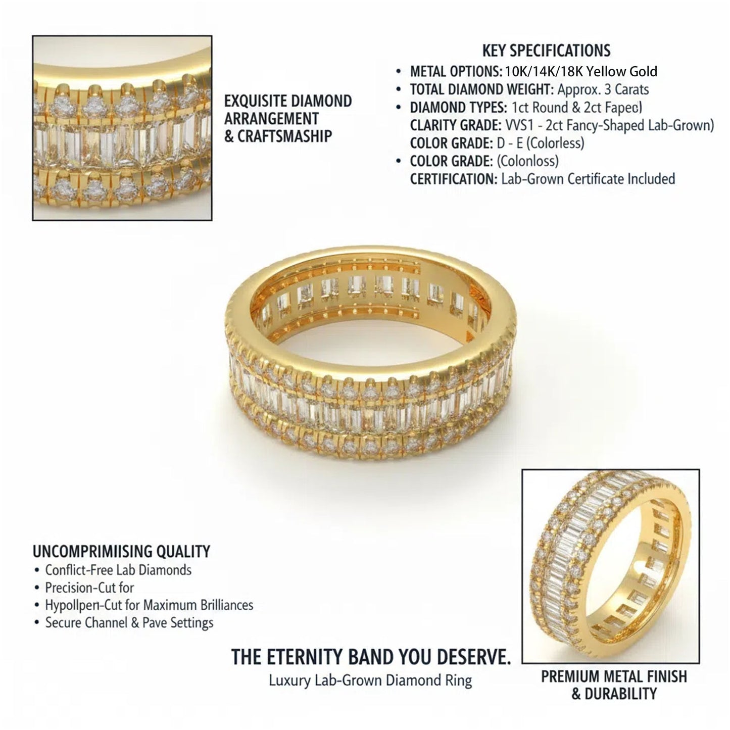 10K/14K/18K Yellow Gold 1CT Round & 2CT Eternity Ring with Fancy Cut Lab Grown Diamonds (D-E Color, VVS1-VVS2 Clarity) - Ideal for Wedding, Proposal, Anniversary