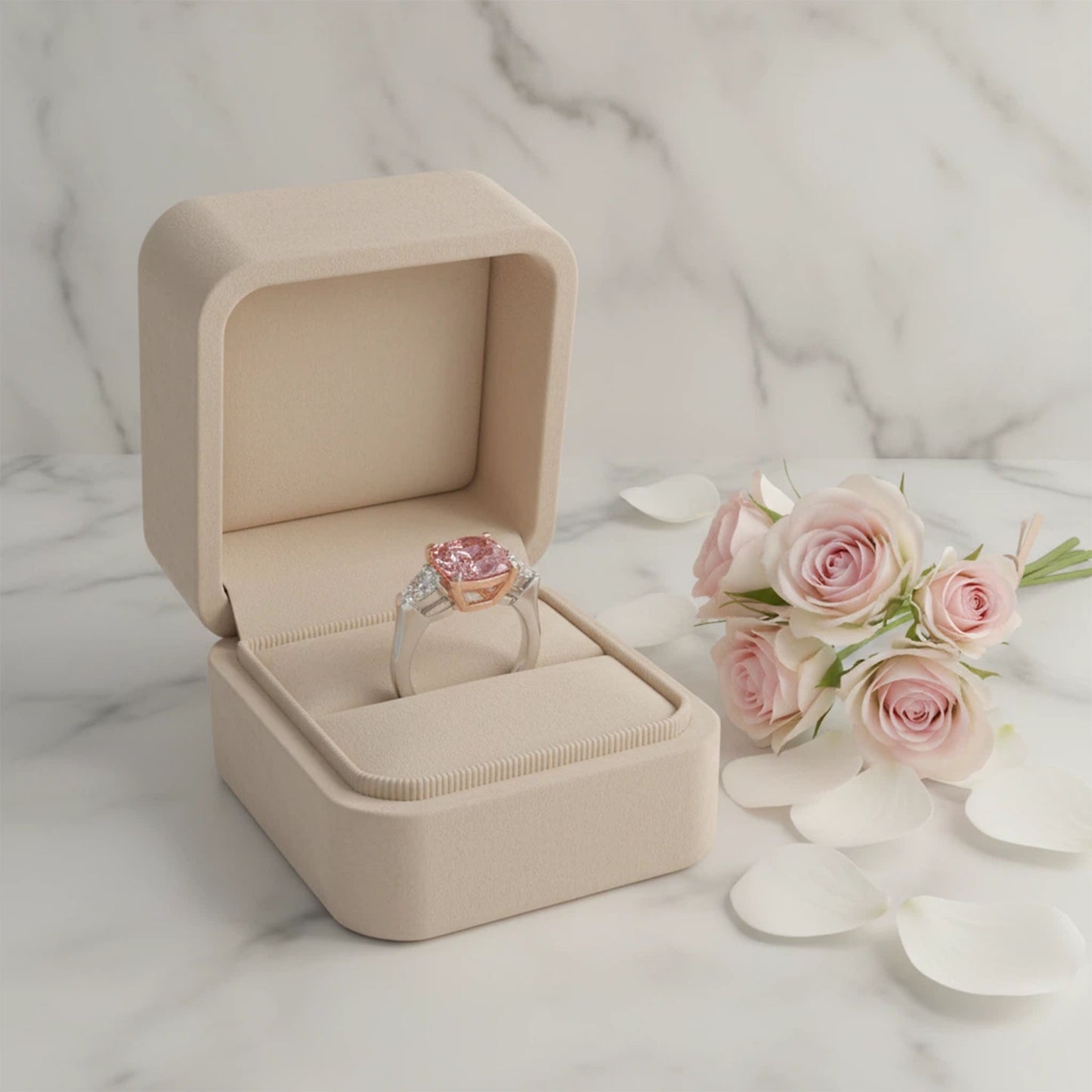 2ct Lab-Grown Pink Cushion Cut Diamond Engagement Ring, 0.8ct Labgrown Pear diamond Side Stones (0.4ct/ea VVS1-VVS2, D-E color) , 10K/14K/18K White Gold or Platinum with Rose Gold Prongs, Wedding & Anniversary Ring