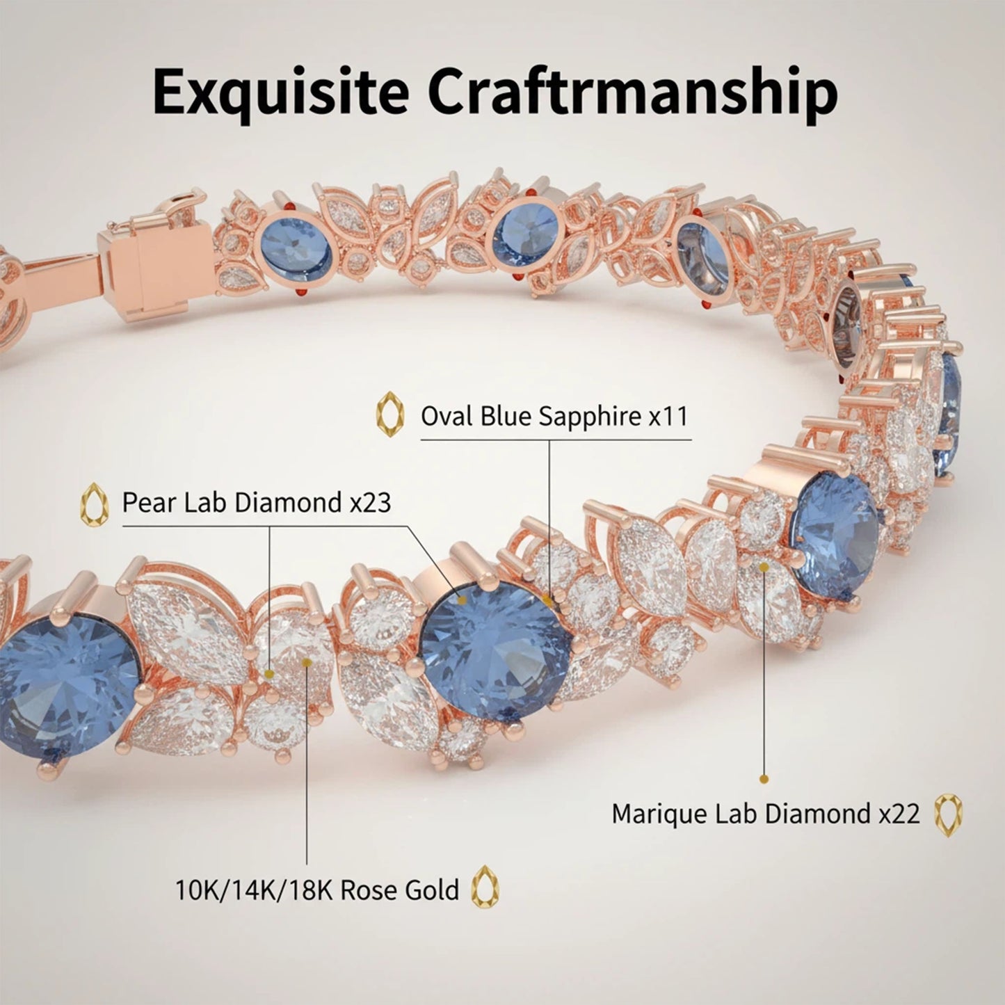 925 Sterling Silver 14K Rose Gold Plated Marquise Bracelet – 11 Lab-Created Marquise Sapphires & 33 Pear Moissanite, 10ct/12ct/15ct Total Carat, Luxury Jewelry Gift for Wife, Mother, Sister