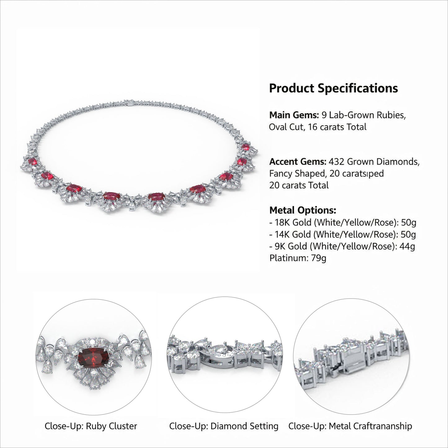 Luxury Handmade Necklace with 16ct Cultured Main Stones & 20ct 432pcs Fancy Shaped Cultured Diamonds, 9K/14K/18K White Gold & Platinum Optional