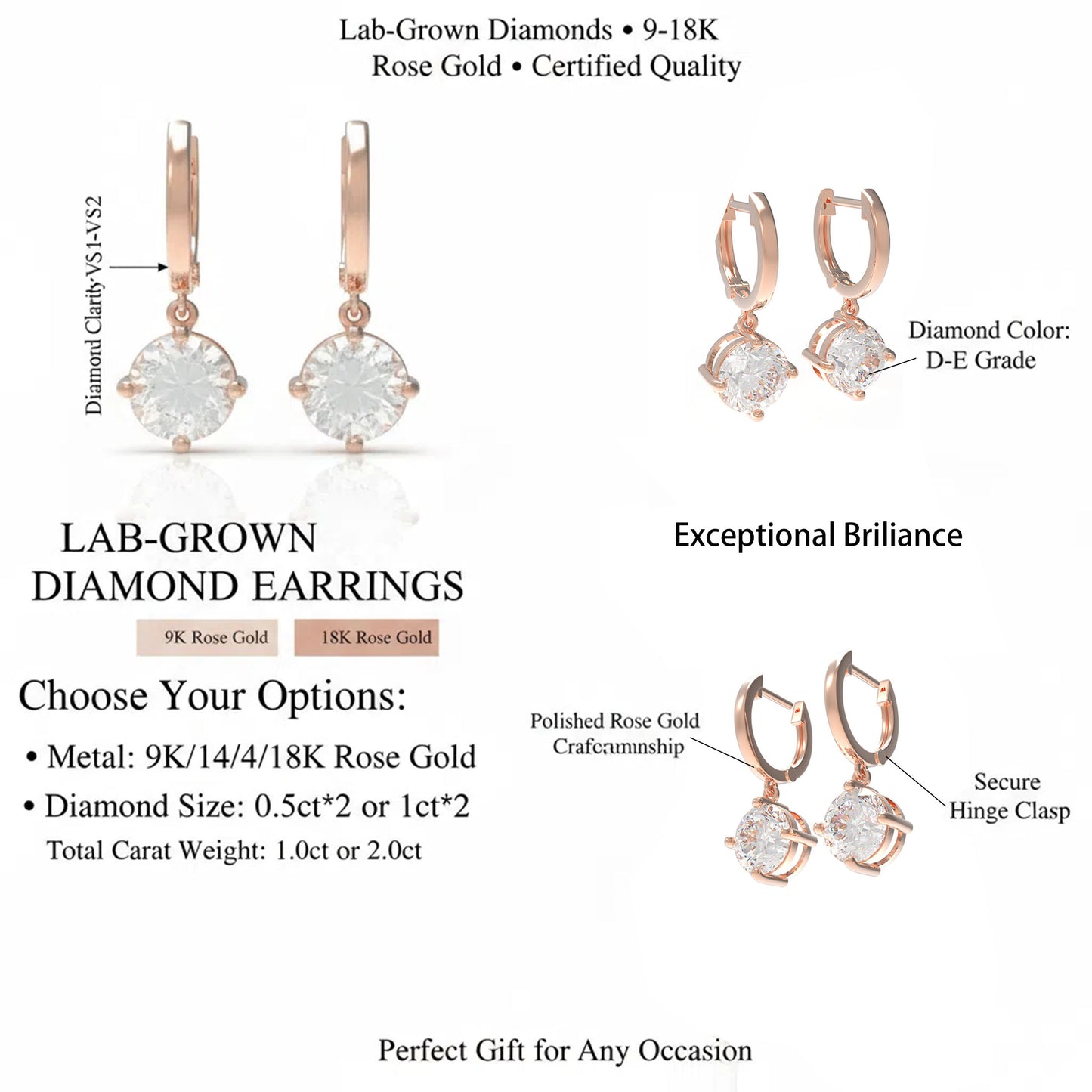 Handmade Dangle Earrings with Lab - Grown Diamonds (0.5CT/1CT per Stone, 2 Stones), 9K/14K/18K White Gold/Yellow Gold/Rose Gold & Platinum Optional