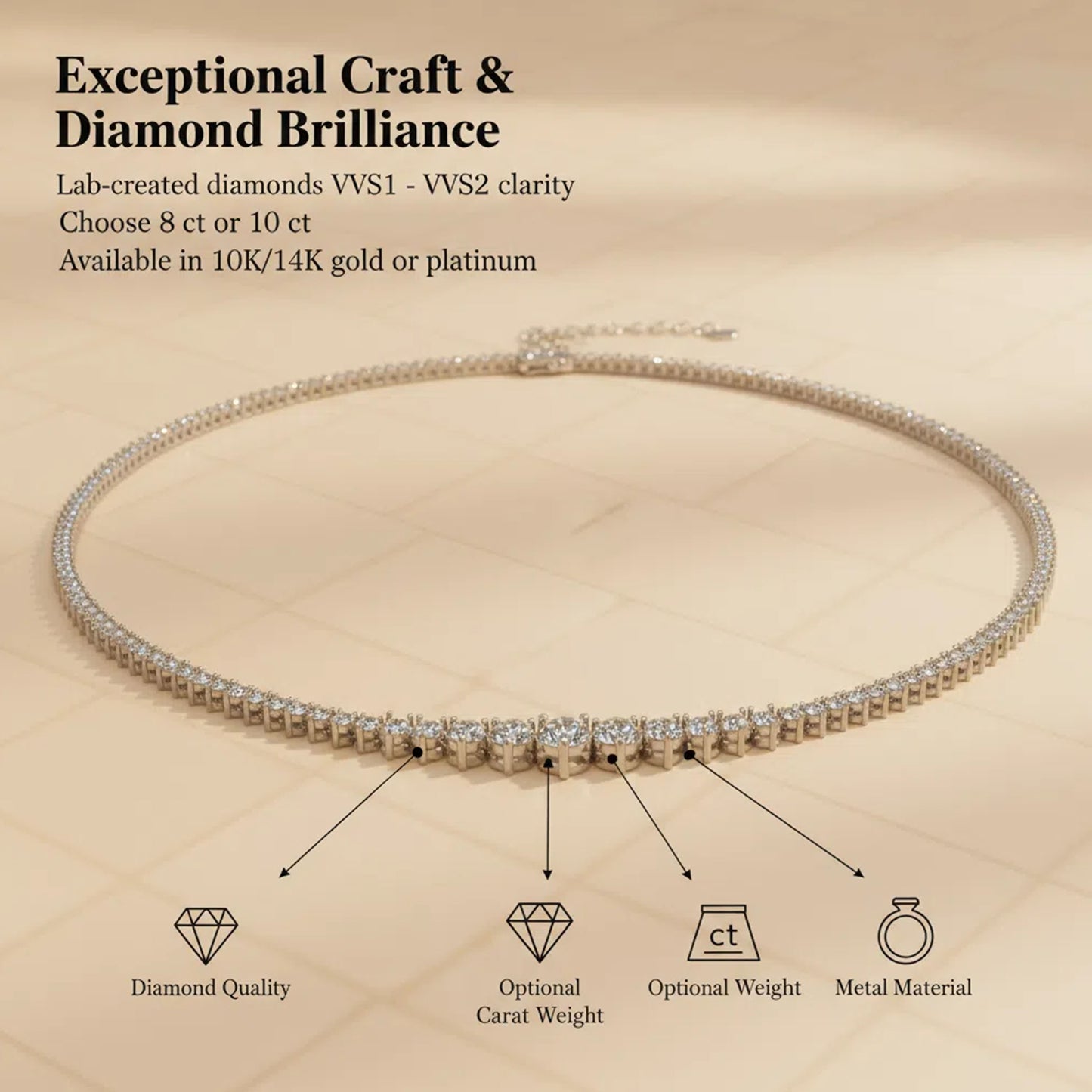 Ophelia Eternity Lab-Grown Diamond Necklace, 8ct/10ct D-E Color VVS1-VVS2, 10K/14K White Gold or 950 Platinum, 16 Inch, Anniversary/Wedding Gift for Women