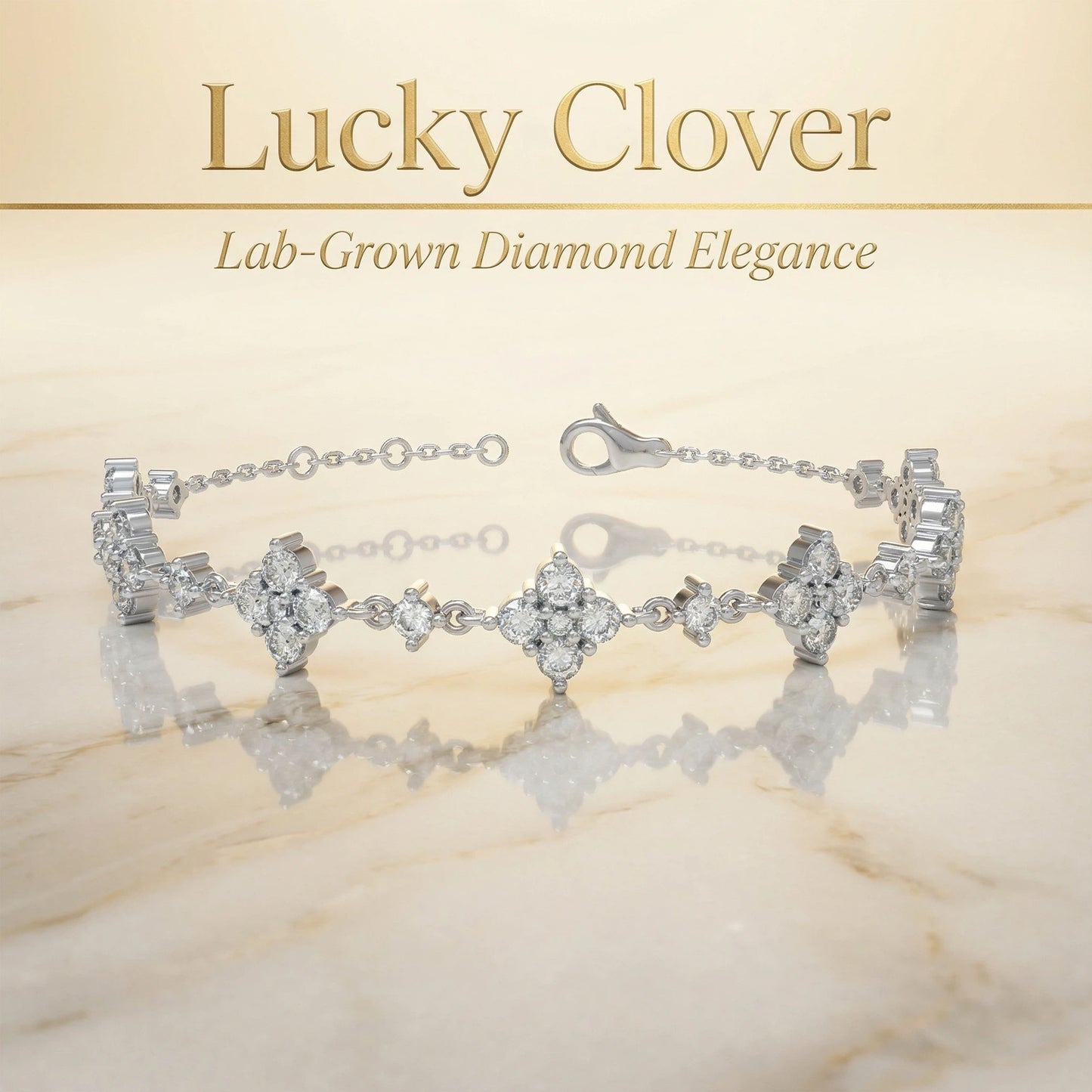 Ophelia Eternity Women's White Gold or 950 Platinum Four Leaf Clover Bracelet | 2ct/3ct Lab Diamond | Adjustable Lucky Jewelry for Anniversary, Mother's Day Gift