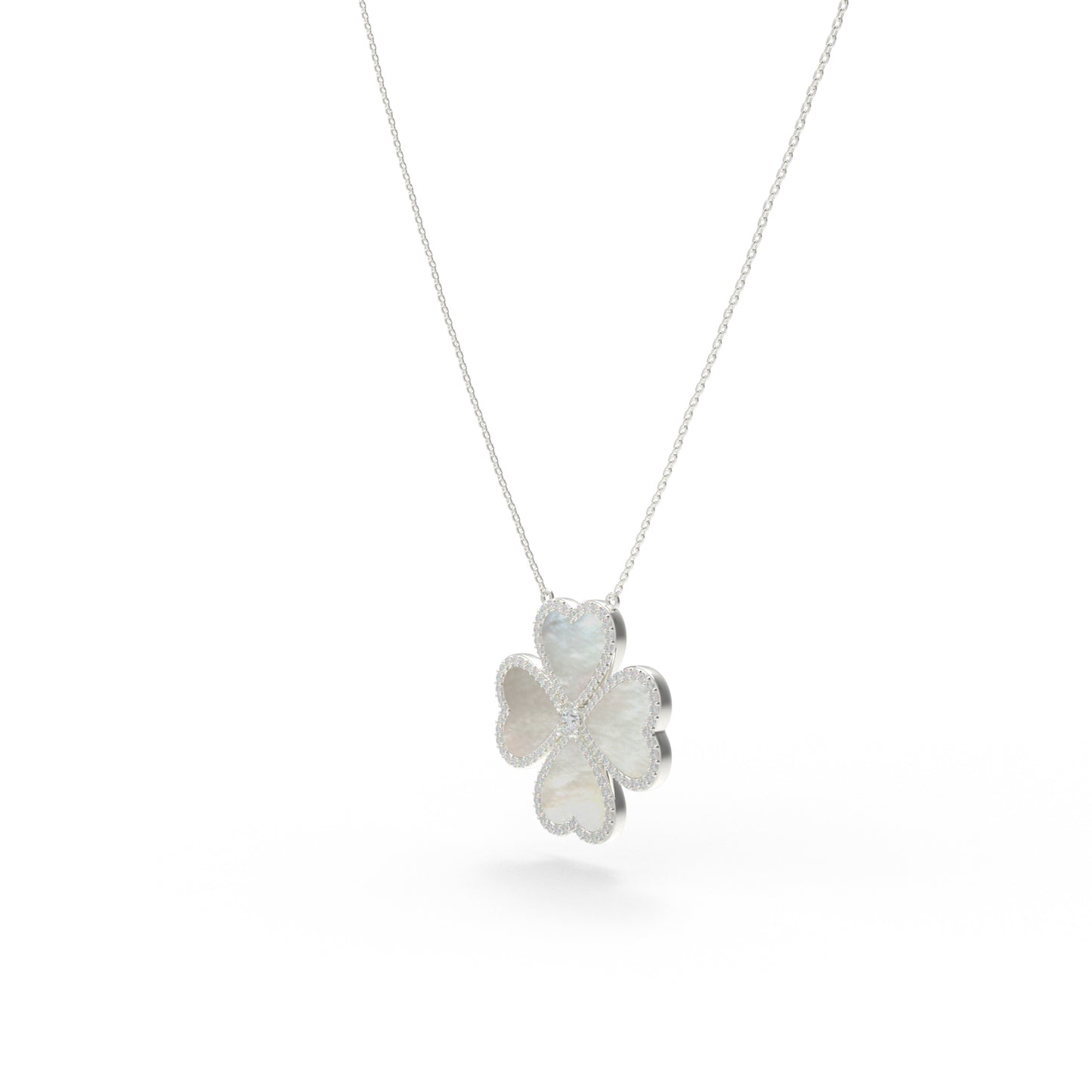 10K/14K White Gold Heart Clover Pendant Necklace, 0.5CT Lab Grown Diamond with Natural Mother of Pearl Handmade Jewelry Gift