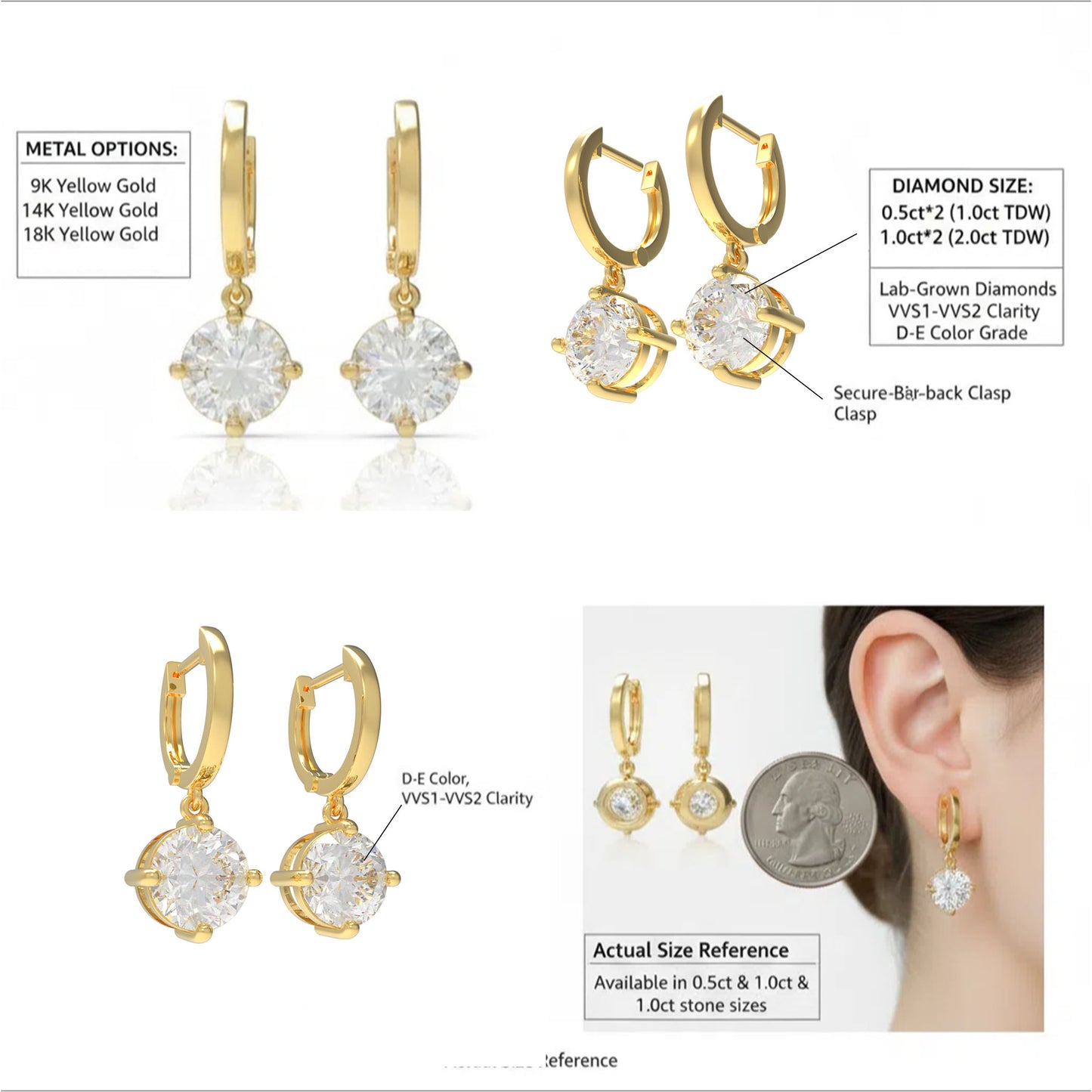 Handmade Dangle Earrings with Lab - Grown Diamonds (0.5CT/1CT per Stone, 2 Stones), 9K/14K/18K White Gold/Yellow Gold/Rose Gold & Platinum Optional