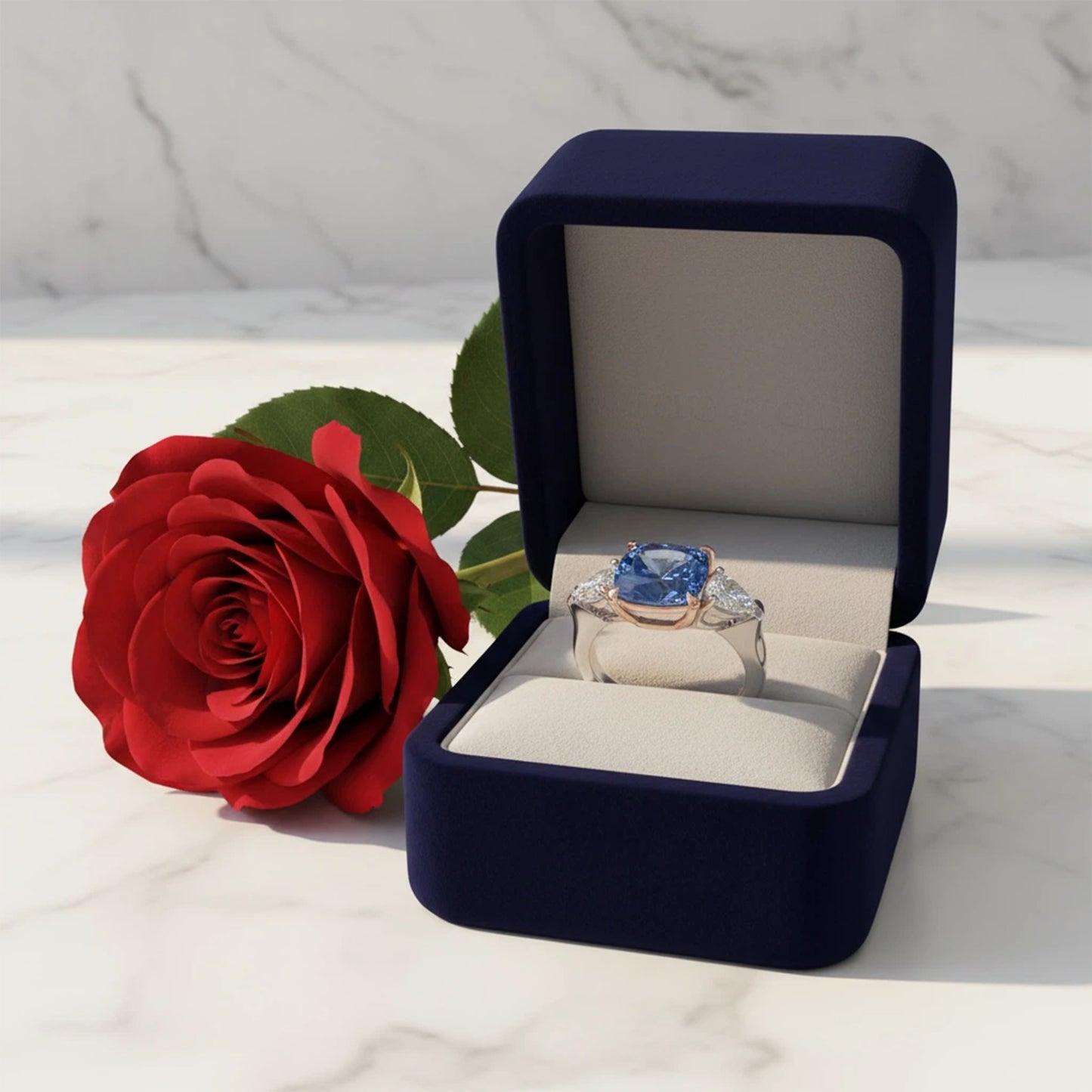 Handmade Three - Stone Ring with Lab - Grown Sapphire (2.8CT/4CT) & Lab - Grown Diamond Accents, 9K/14K/18K White Gold & Platinum Optional
