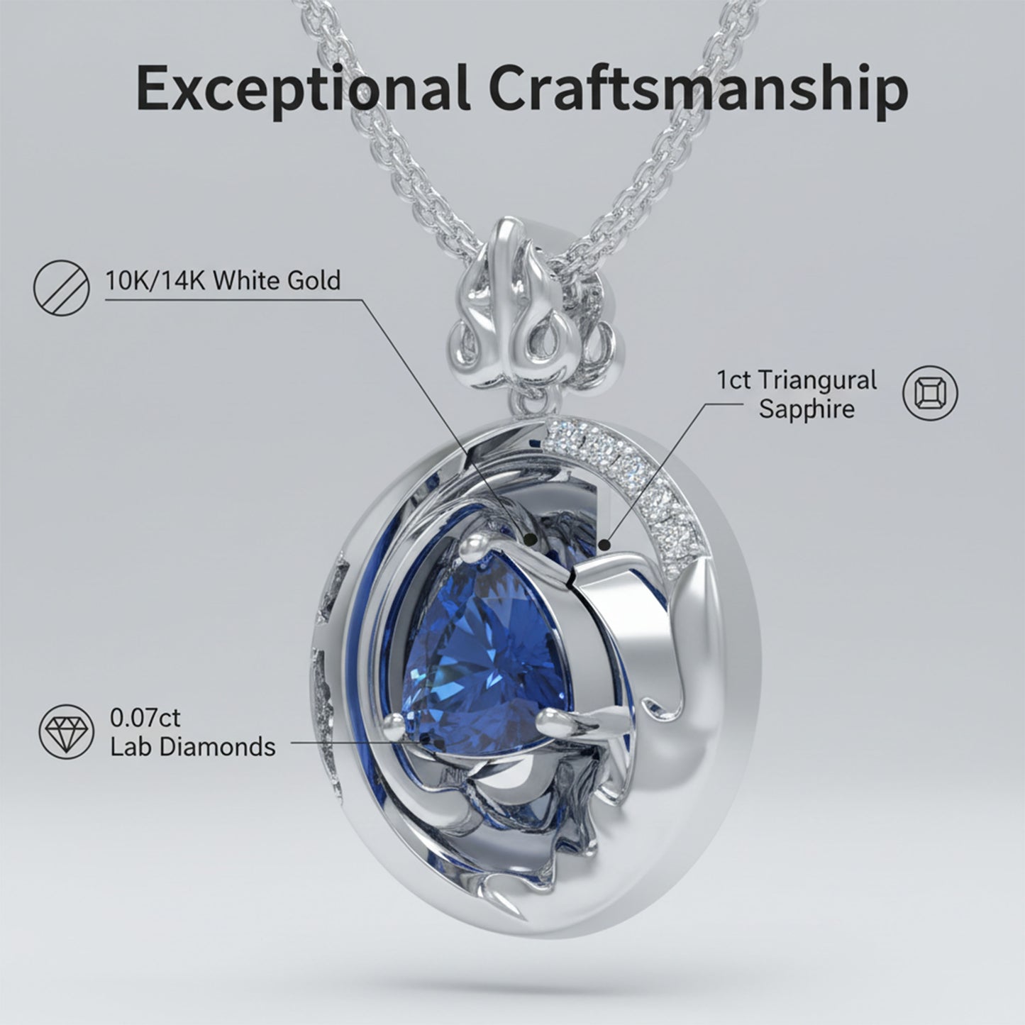 Lab-Grown 1CT Sapphire Pendant Necklace with 6 VVS1-VVS2 D-E Color Diamonds, 10K/14K White/Yellow/Rose Gold & Platinum, Ideal Gift for Anniversary/Valentine’s Day/Christmas