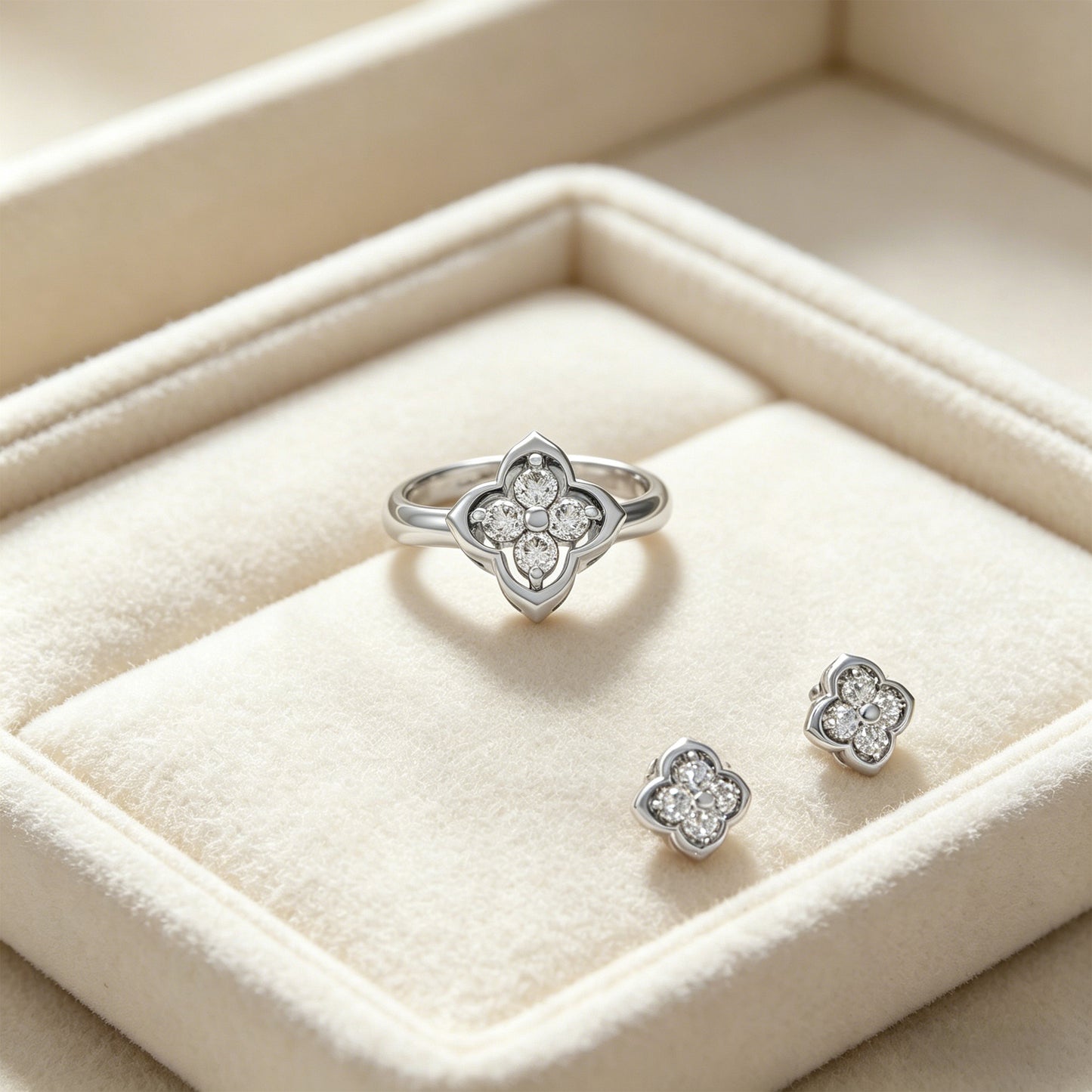10K/14K White Gold or Platinum Clover Lab-Grown Diamond Ring, 0.2 CTW, Song Dynasty Inspired