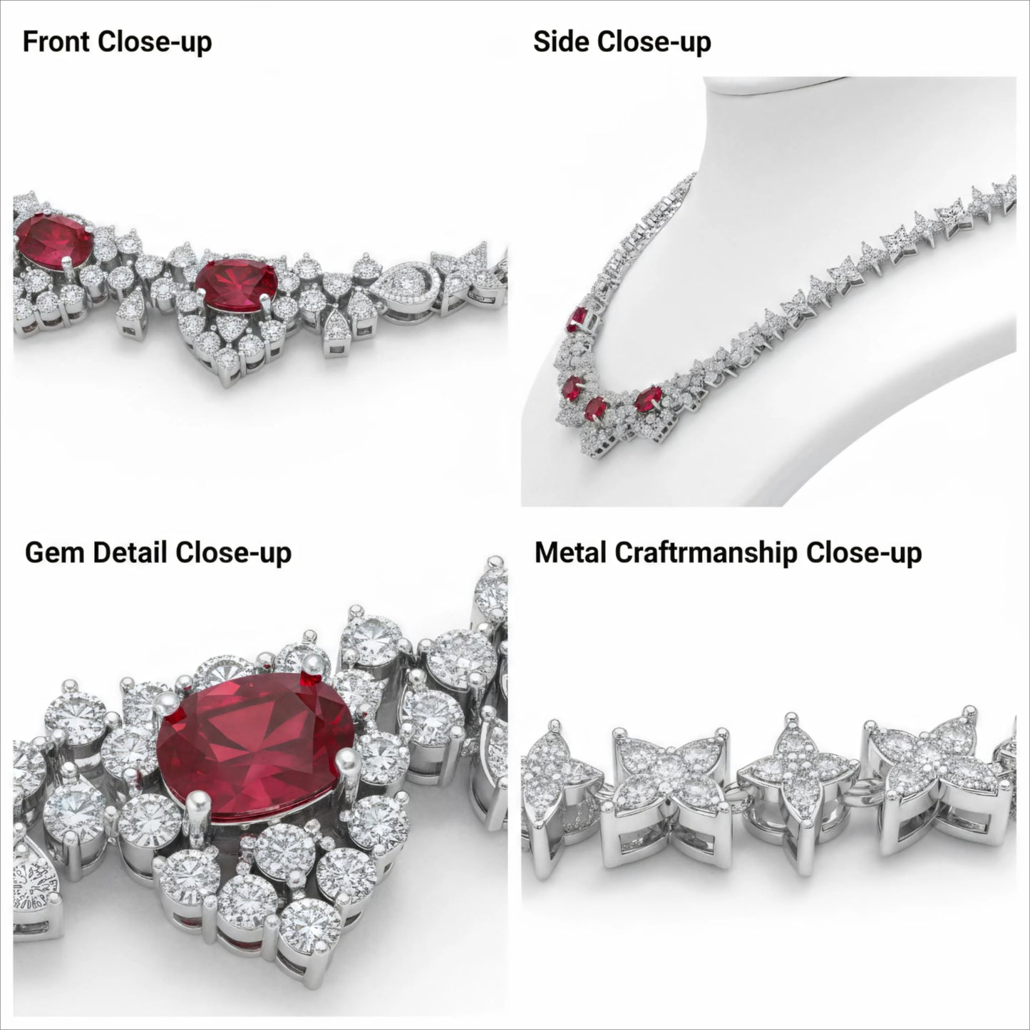 Luxury Handmade Necklace with 16ct Cultured Main Stones & 20ct 432pcs Fancy Shaped Cultured Diamonds, 9K/14K/18K White Gold & Platinum Optional