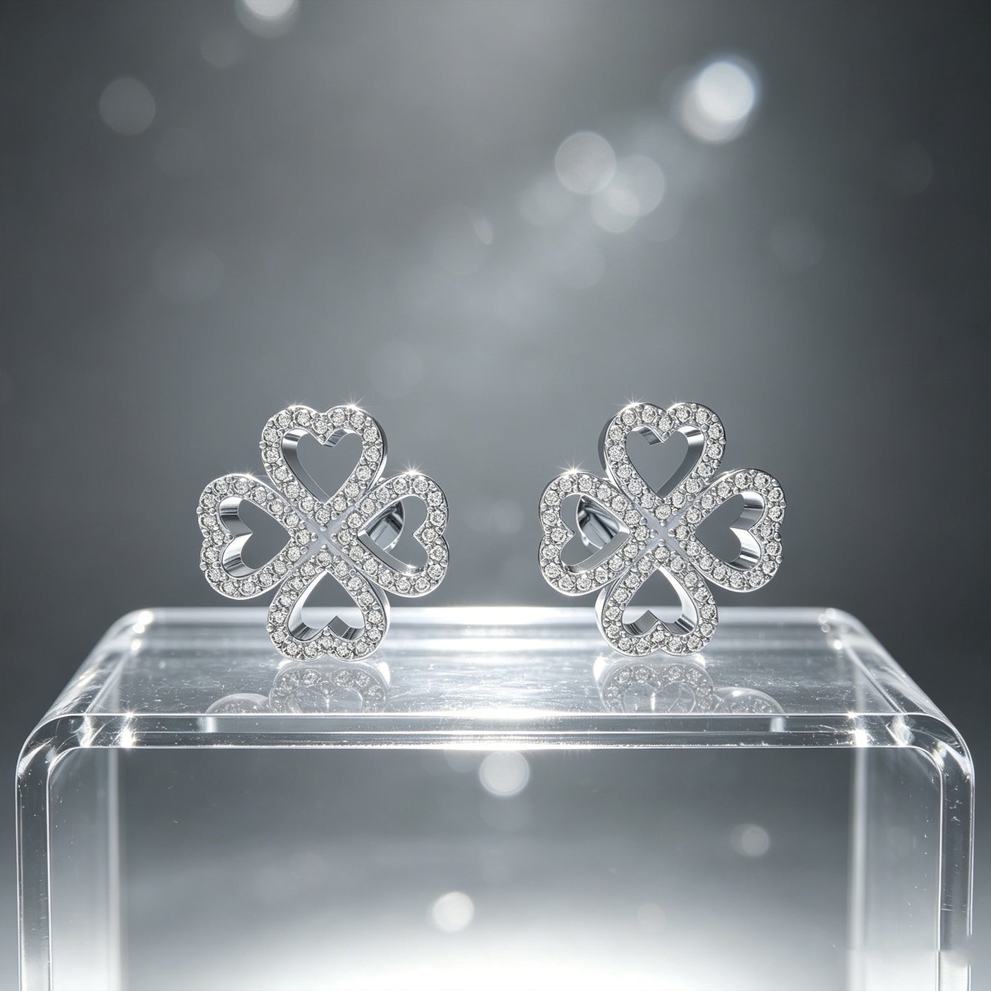 10K/14K White Gold or Platinum 950 Clover Stud Earrings, 0.45ct Lab Grown Diamond Heart Earrings, Lucky Four-Leaf Clover Jewelry