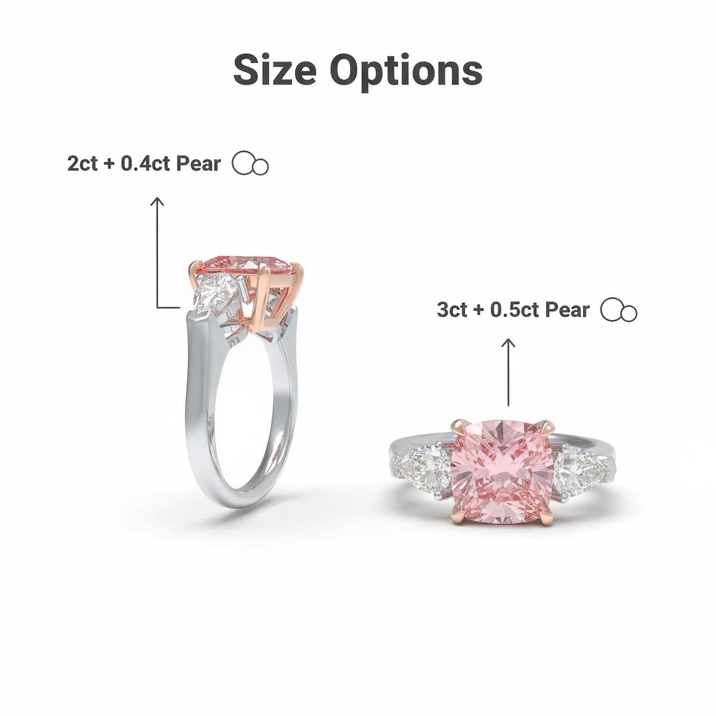 2ct Lab-Grown Pink Cushion Cut Diamond Engagement Ring, 0.8ct Labgrown Pear diamond Side Stones (0.4ct/ea VVS1-VVS2, D-E color) , 10K/14K/18K White Gold or Platinum with Rose Gold Prongs, Wedding & Anniversary Ring