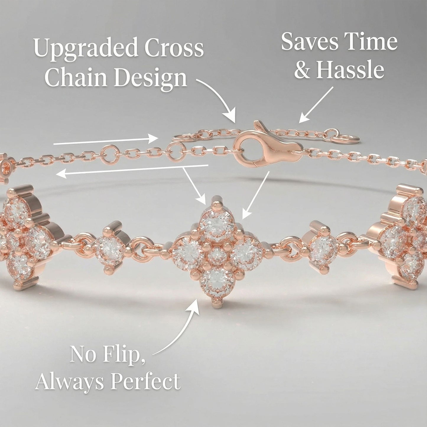 Ophelia Eternity Women's Rose Gold Four Leaf Clover Bracelet | 2ct/3ct Lab Diamond | Adjustable Lucky Jewelry for Anniversary, Mother's Day Gift