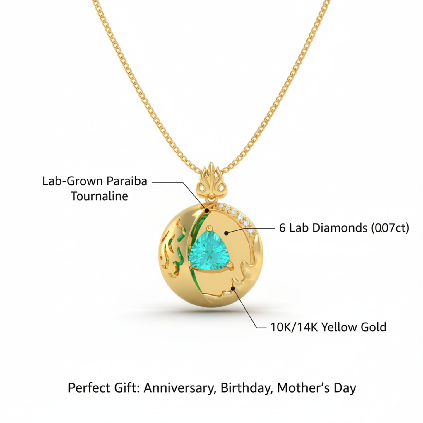 Lab-Grown 1CT Paraíba Pendant Necklace with 6 VVS1-VVS2 D-E Color Diamonds, 10K/14K White/Yellow/Rose Gold & Platinum, Perfect Gift for Anniversary/Valentine’s Day/Christmas