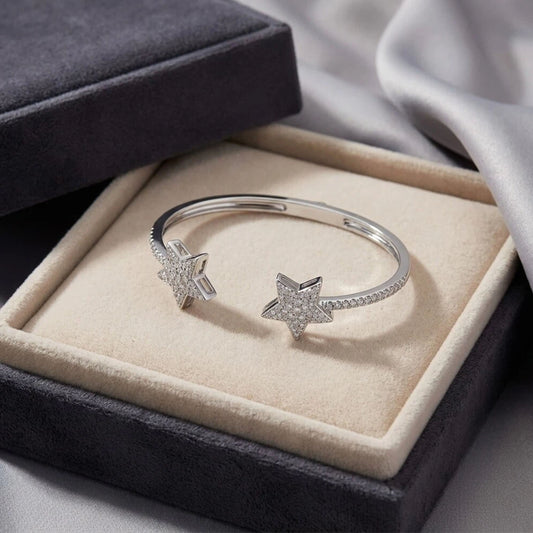 Sterling Silver Star Cuff Bangle, 1ct VS1 D-E Moissanite, Gift for Women
