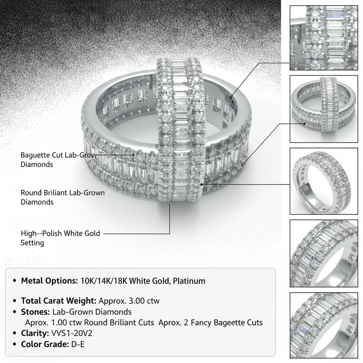 10K/14K/18K White Gold  Or Platinum 1CT Round & 2CT Eternity Ring with Fancy Cut Lab Grown Diamonds (D-E Color, VVS1-VVS2 Clarity) - Ideal for Wedding, Proposal, Anniversary